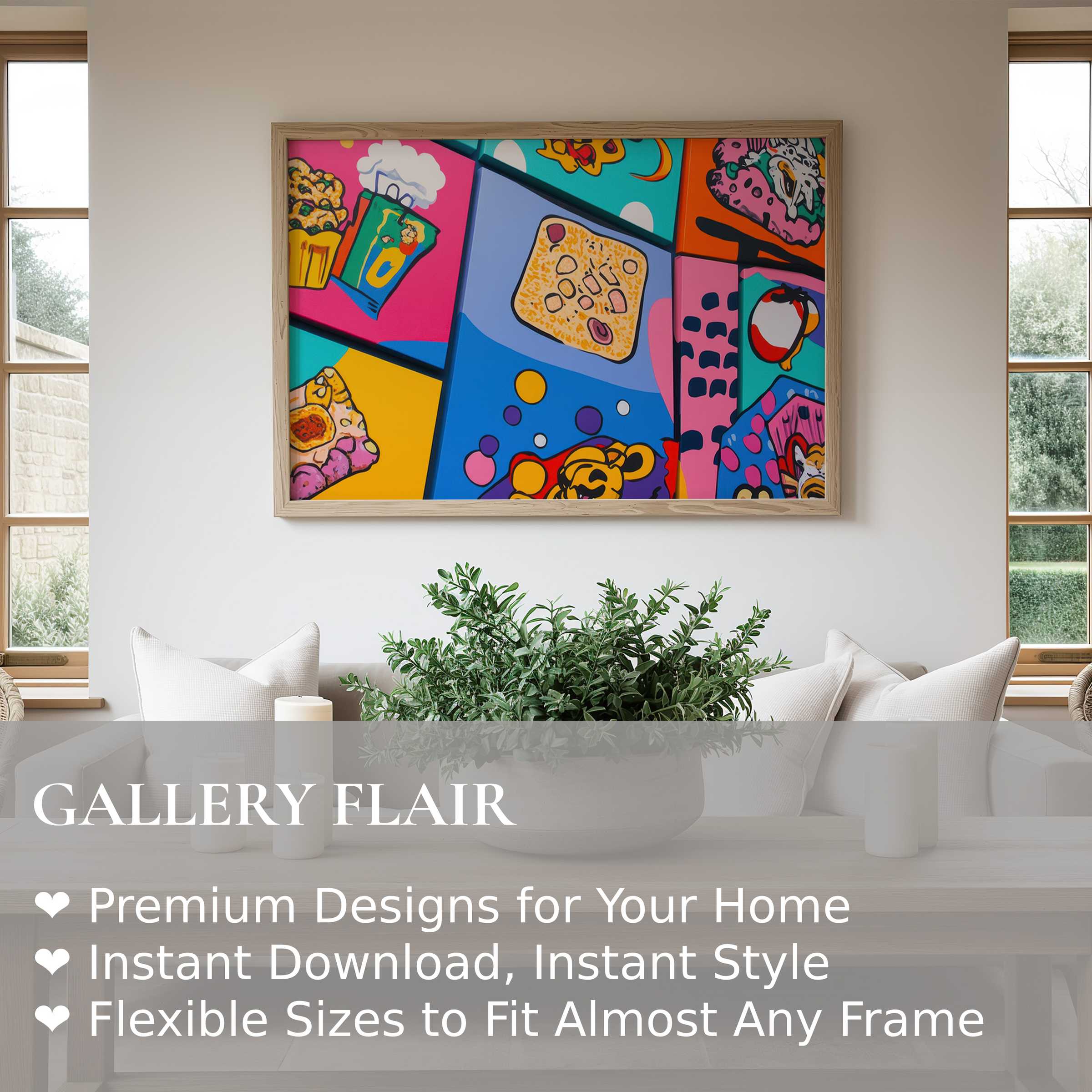 Vibrant pop art wall art print with bold colors and playful food motifs, enriching minimalist modern interiors with dynamic energy and charm