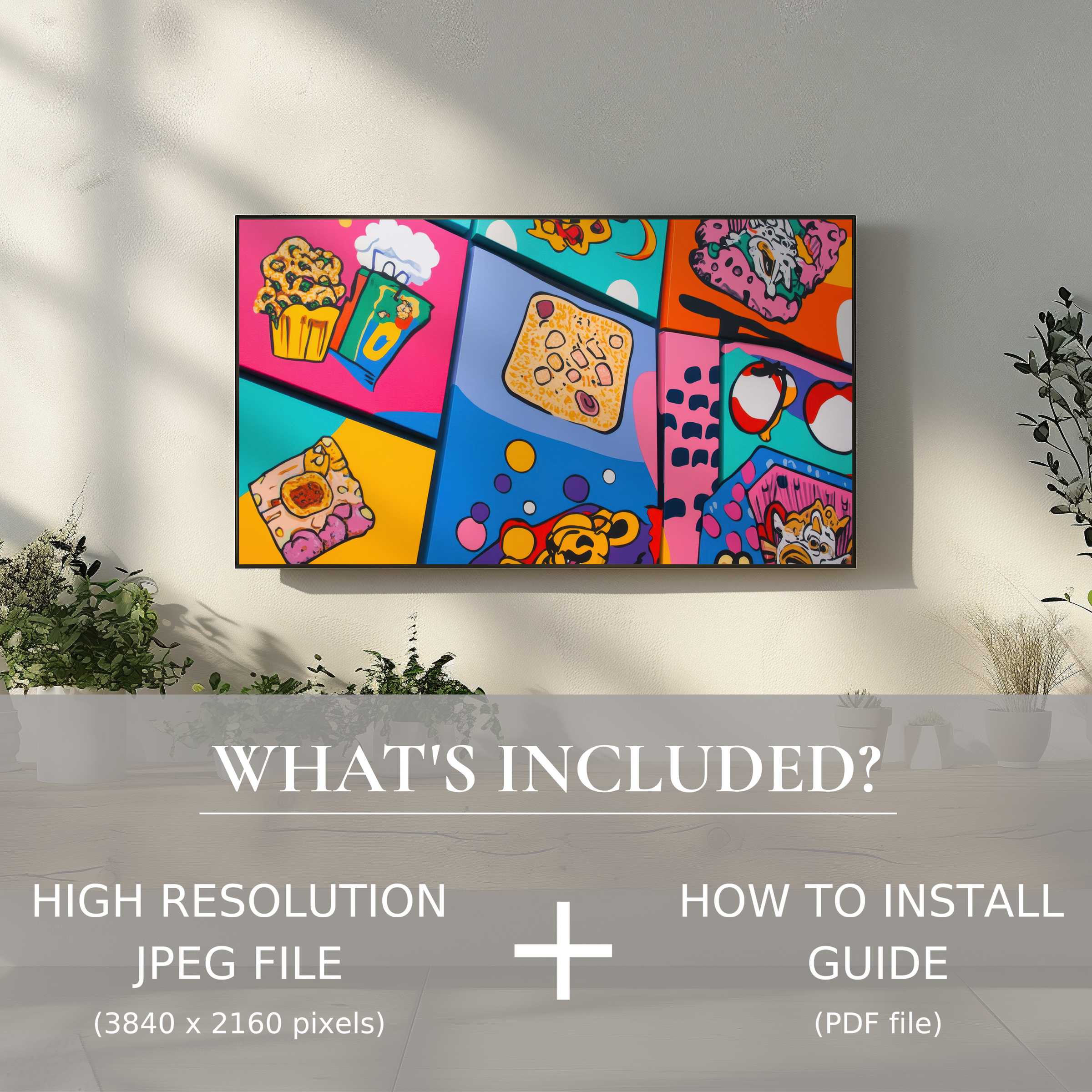 Modern living room features vibrant pop art digital TV art download, easy to use and enhances stylish spaces