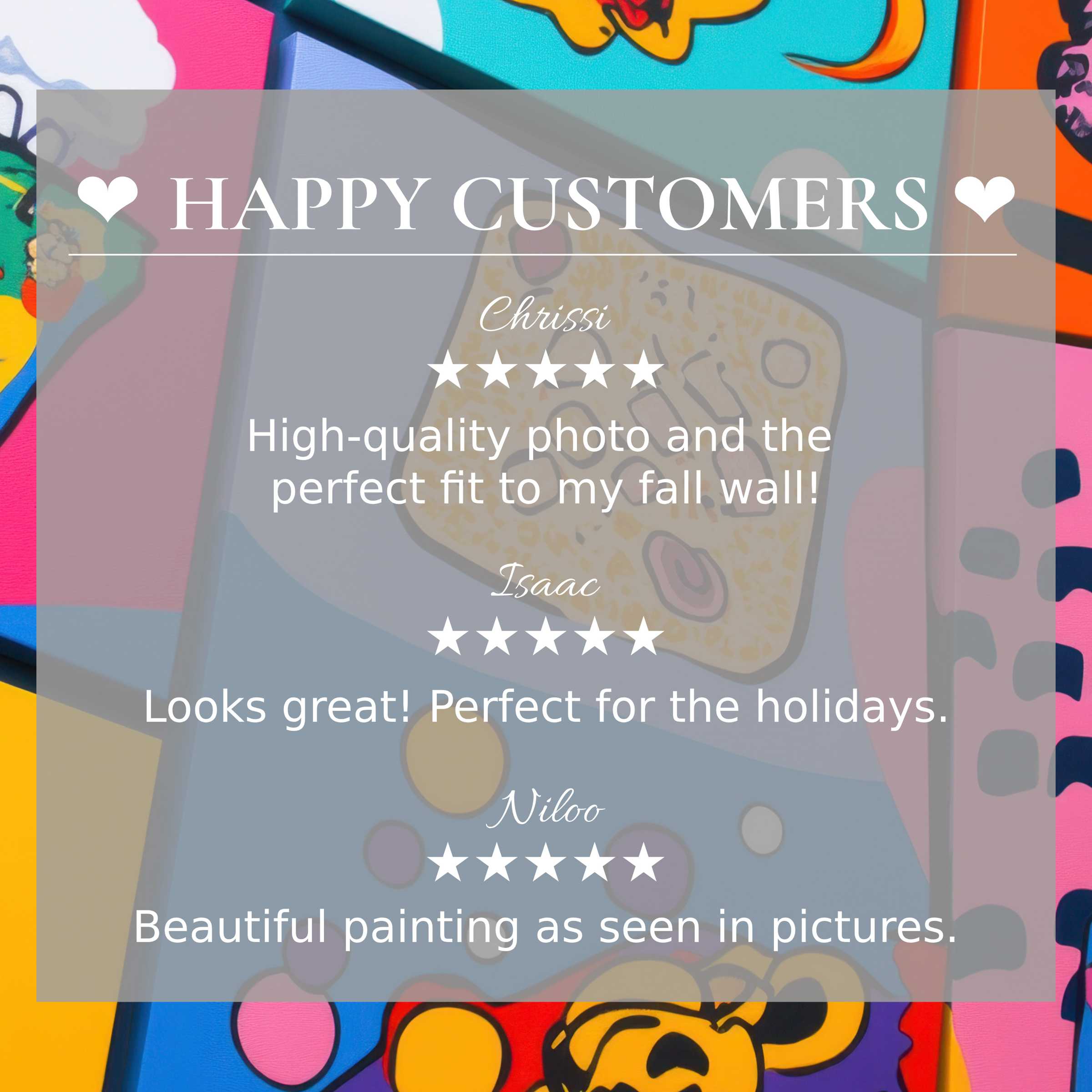 Pop art for Frame TV with abstract sunset colors; happy customer reviews build trust and highlight elegant style