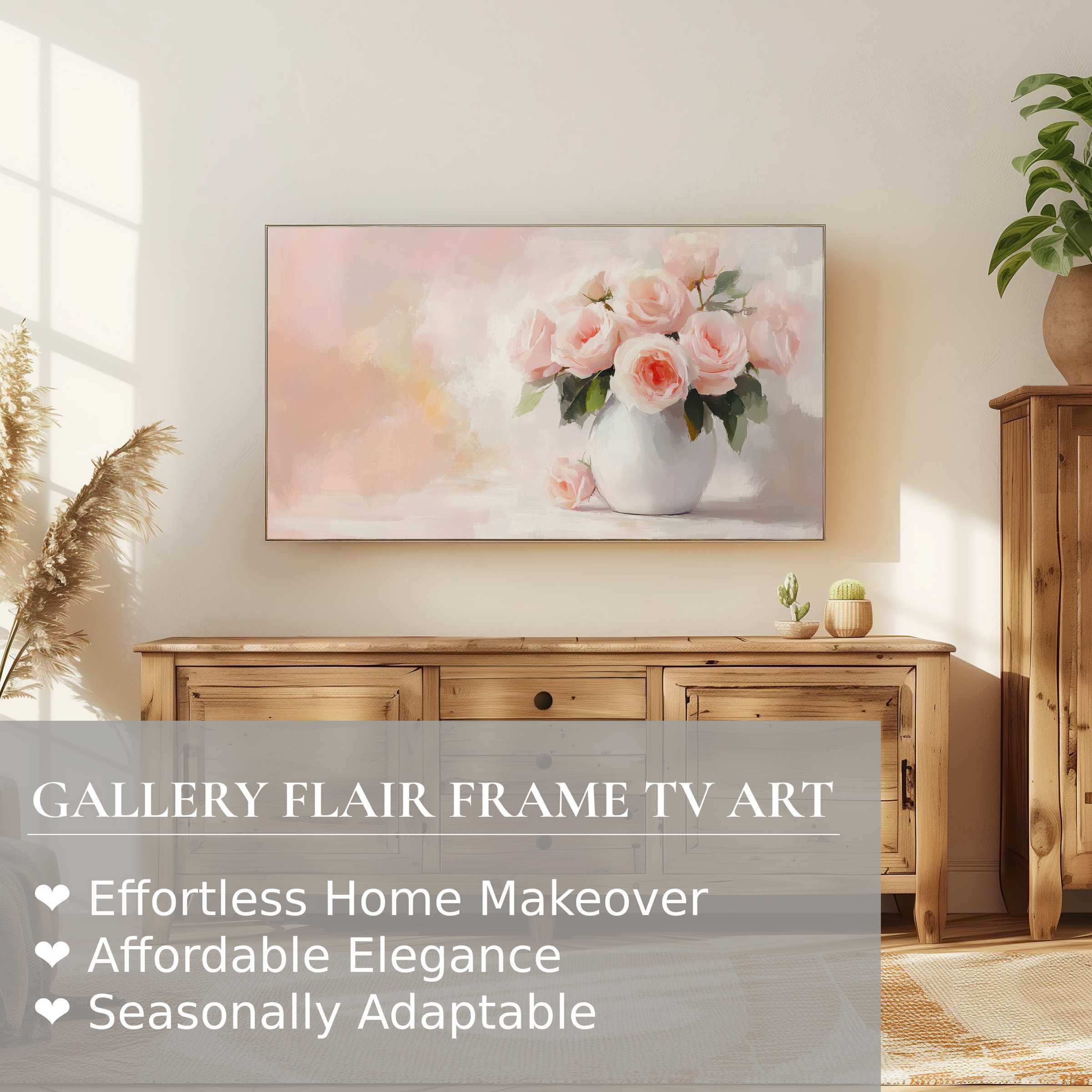 Samsung Frame TV displays soft, floral digital artwork in a serene, modern living space with rustic wood accents