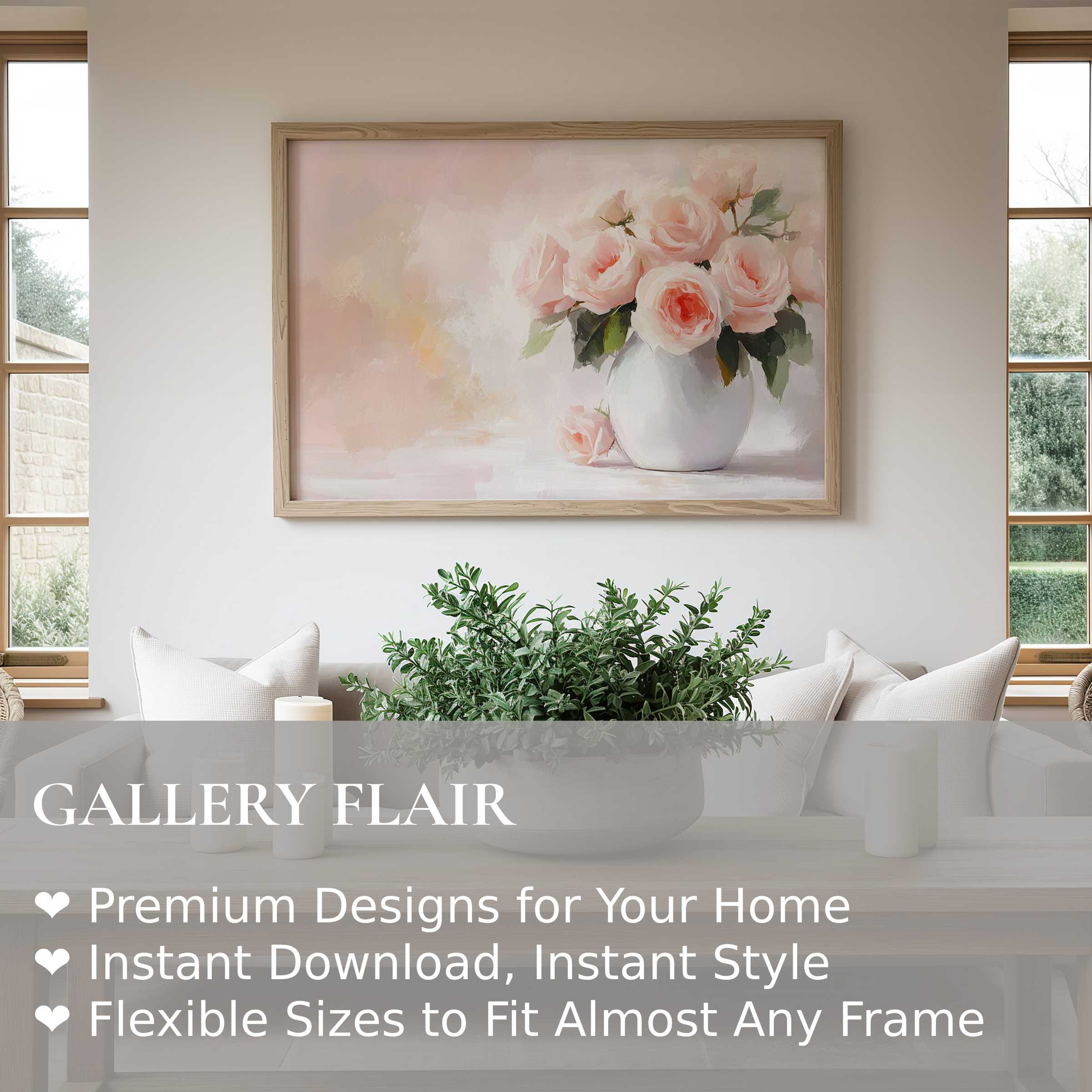 Soft and radiant floral wall art print featuring blush roses in a serene vase, elevating modern minimalist interiors with calming elegance