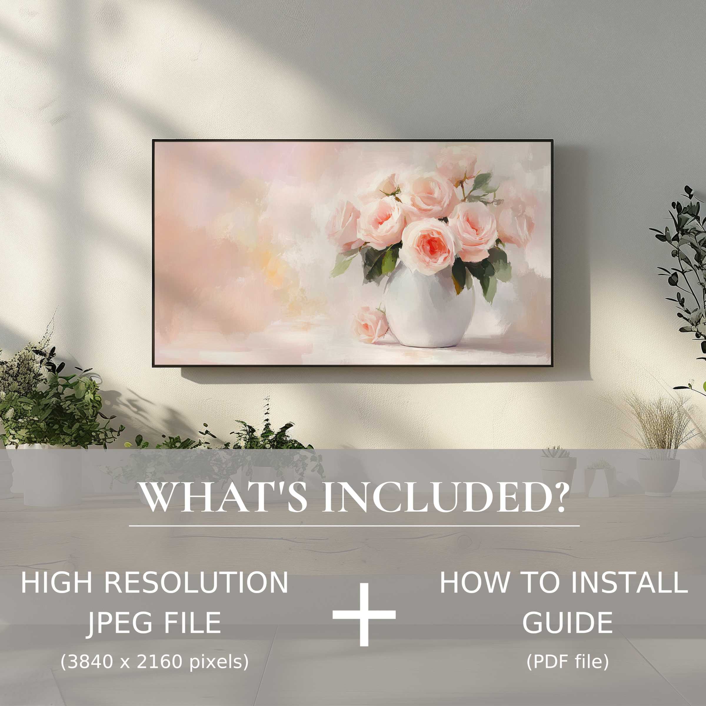 Elegant floral digital TV art download enhancing serene living spaces with easy digital use and high-resolution charm