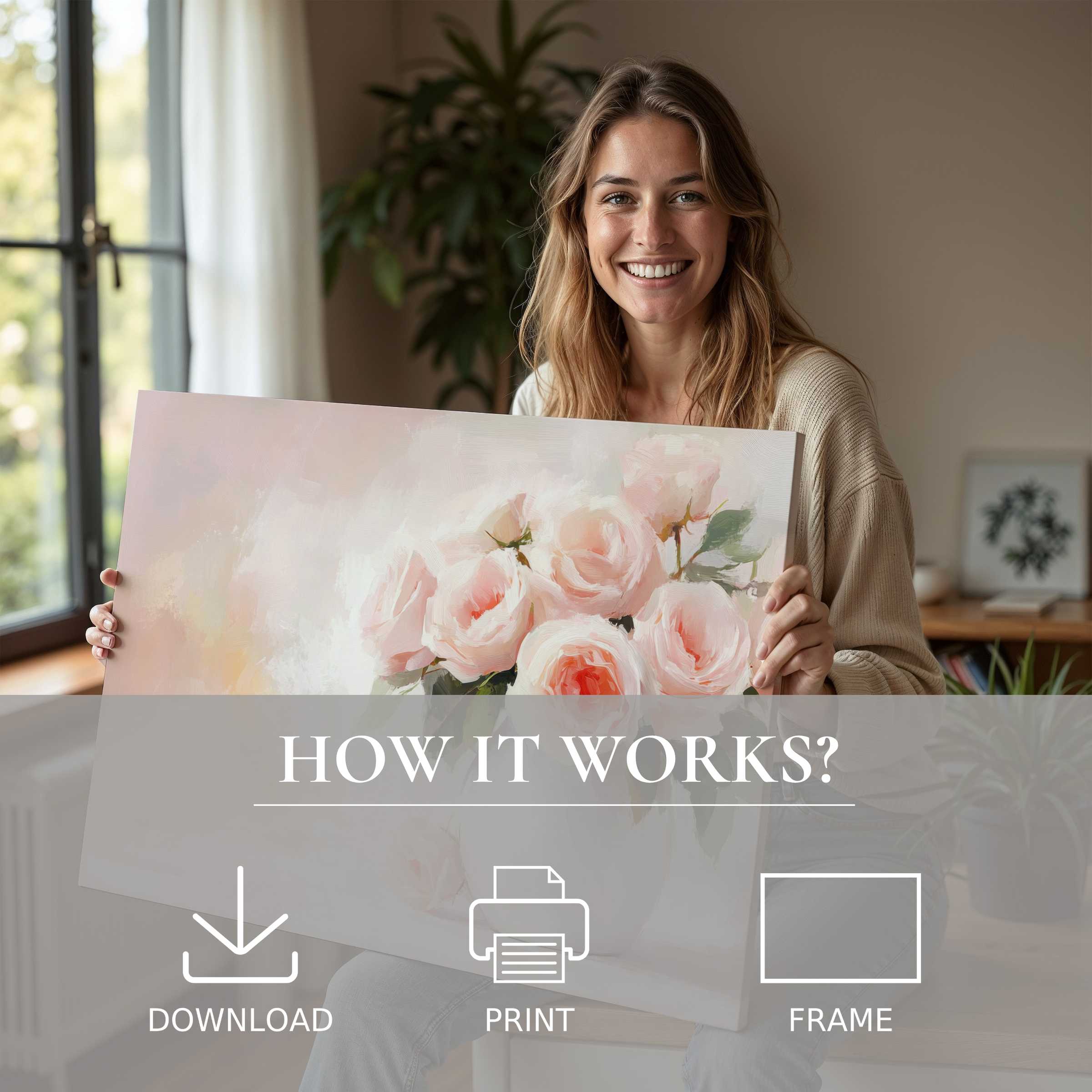 Radiant floral digital art print embraced in a sunlit modern home, evoking joy and effortless elegance in living with art