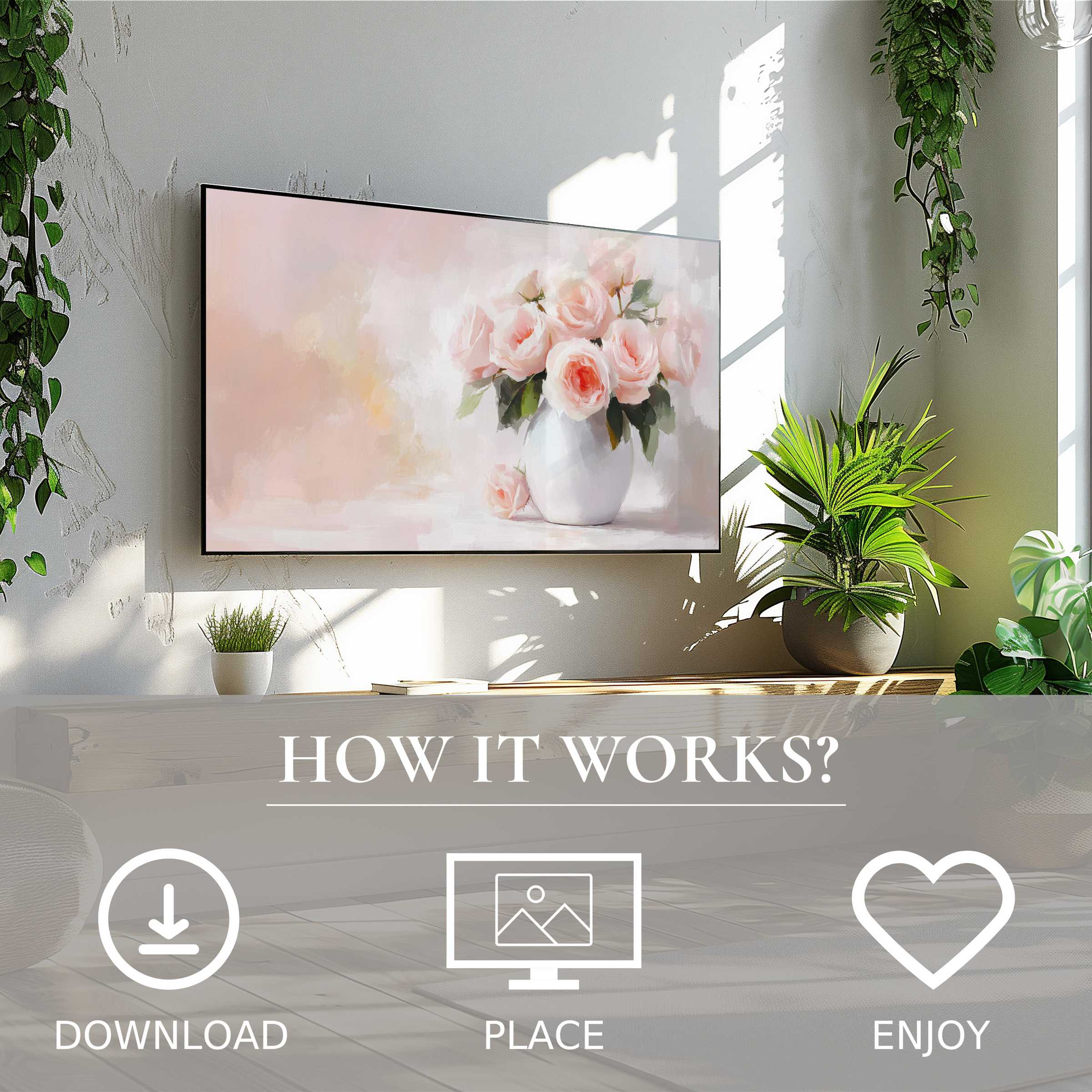 Floral art for Samsung TV: soft pink roses on The Frame, easy digital download enhances bright, modern living spaces
