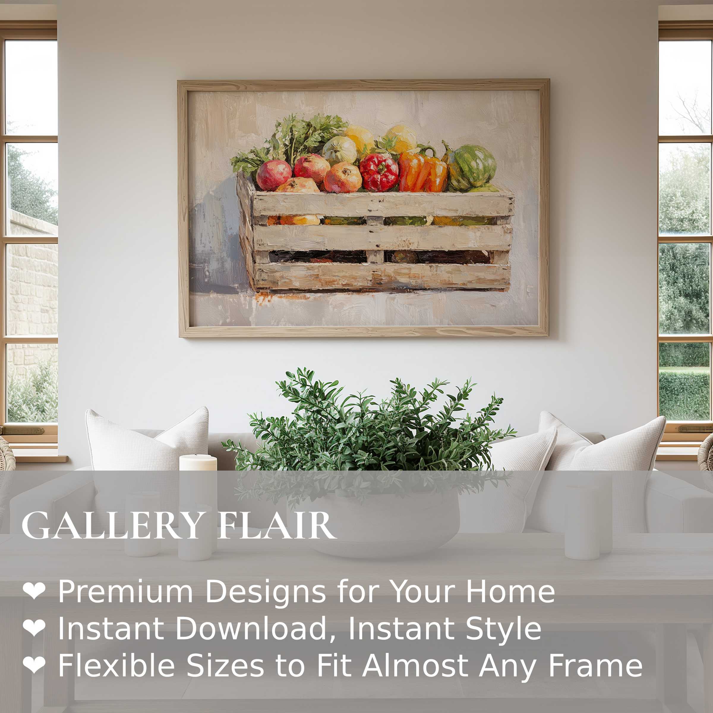 Farmhouse wall art print featuring a vibrant rustic crate of fresh vegetables, elevating serene modern farmhouse interiors with organic charm