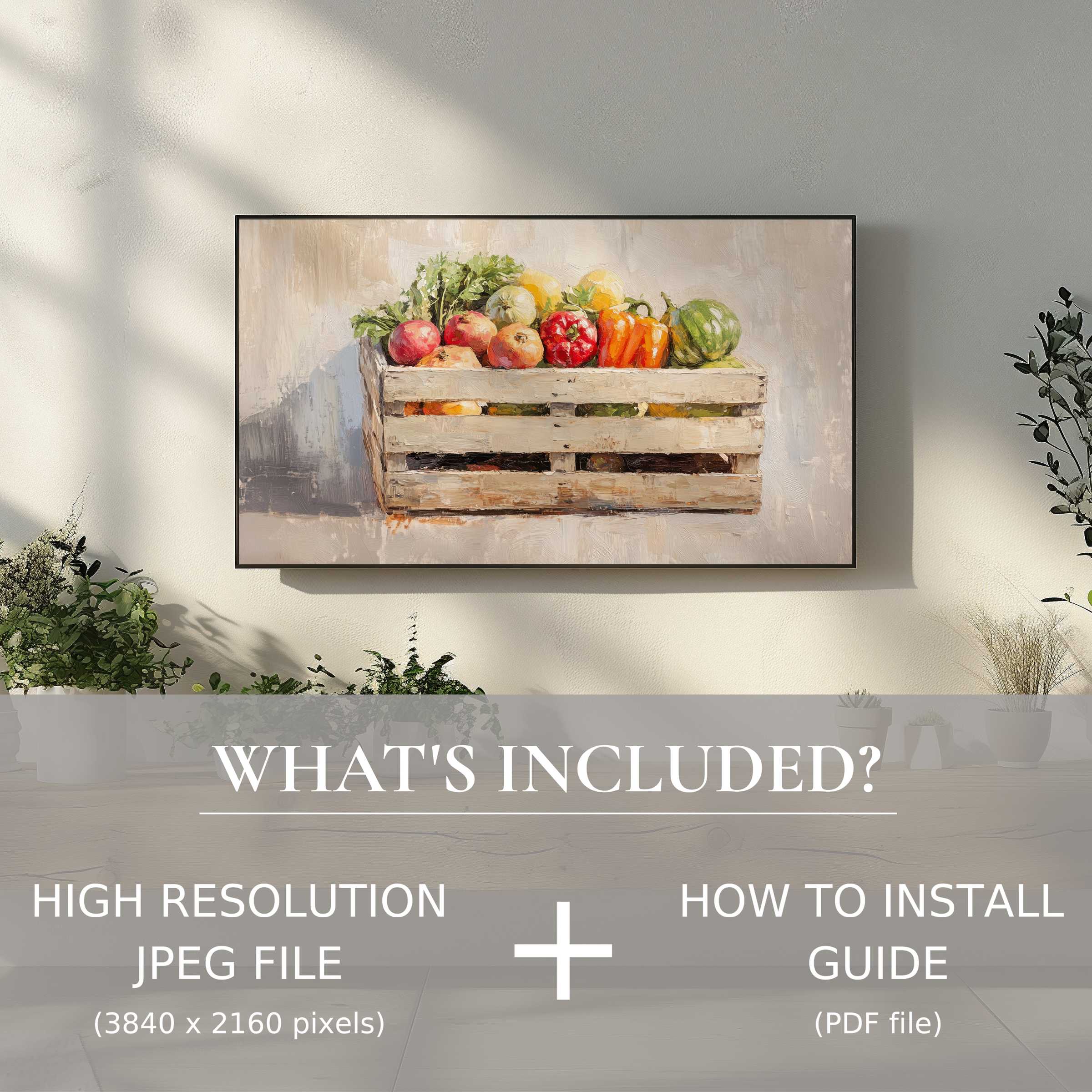 Elegant farmhouse digital TV art download, easy to use, enriching living spaces with vibrant rustic charm