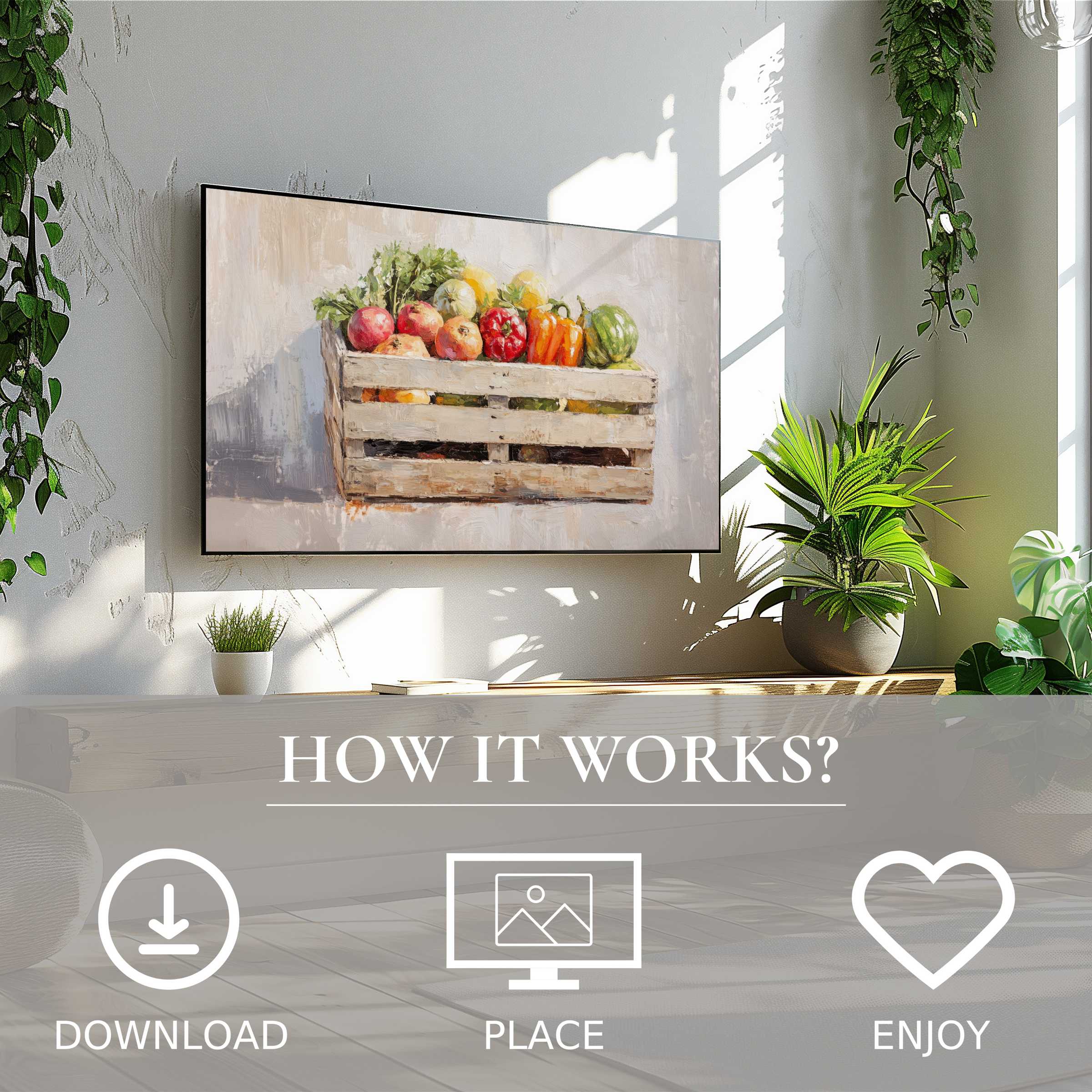 Farmhouse art for Samsung TV showing a rustic crate of veggies, easy digital download enriches bright living room
