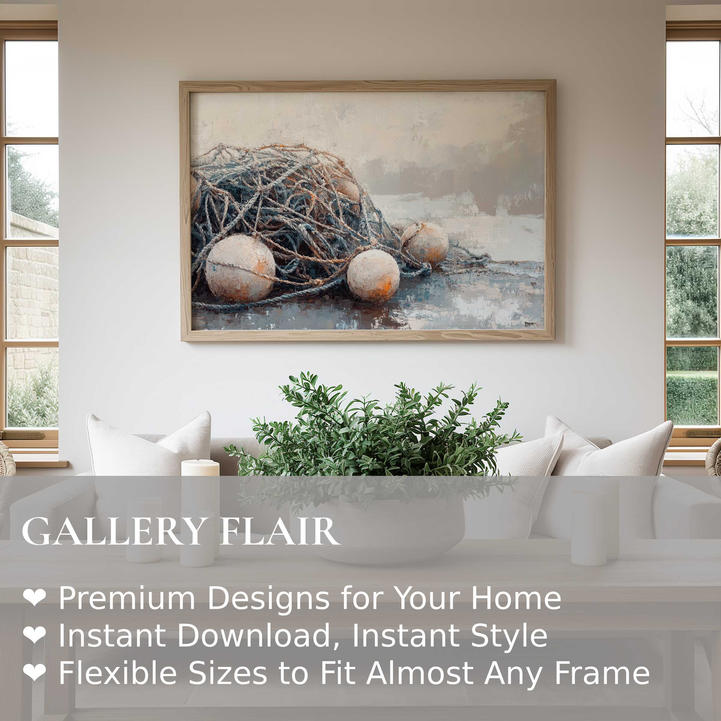Coastal wall art print featuring textured fishing nets and buoys, radiating calm charm in a modern coastal living room
