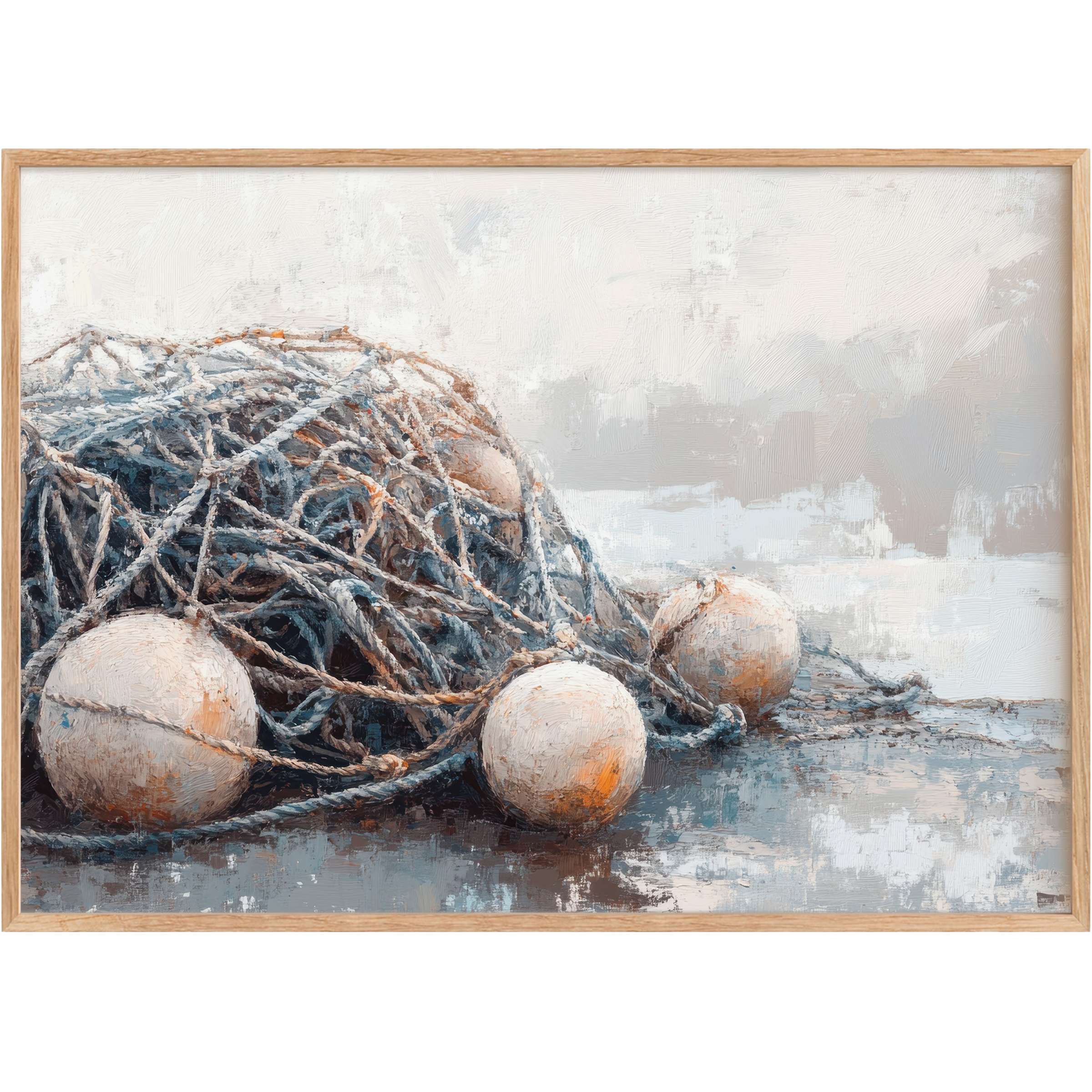Coastal printable wall art capturing serene fishing nets in soft greys and warm ochres, evoking a tranquil, breezy seaside ambiance