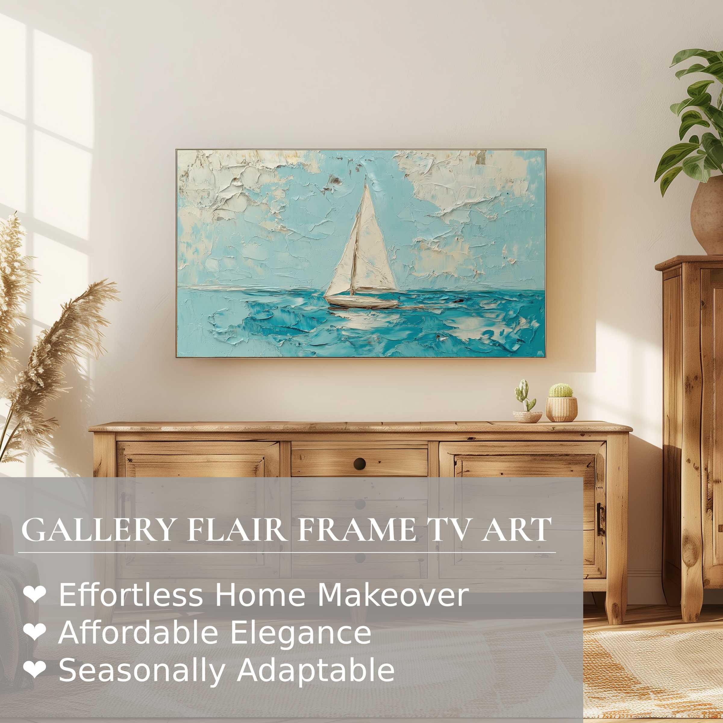 Elegant summer digital artwork of a sailboat on sea displayed on Samsung Frame TV in modern natural living room