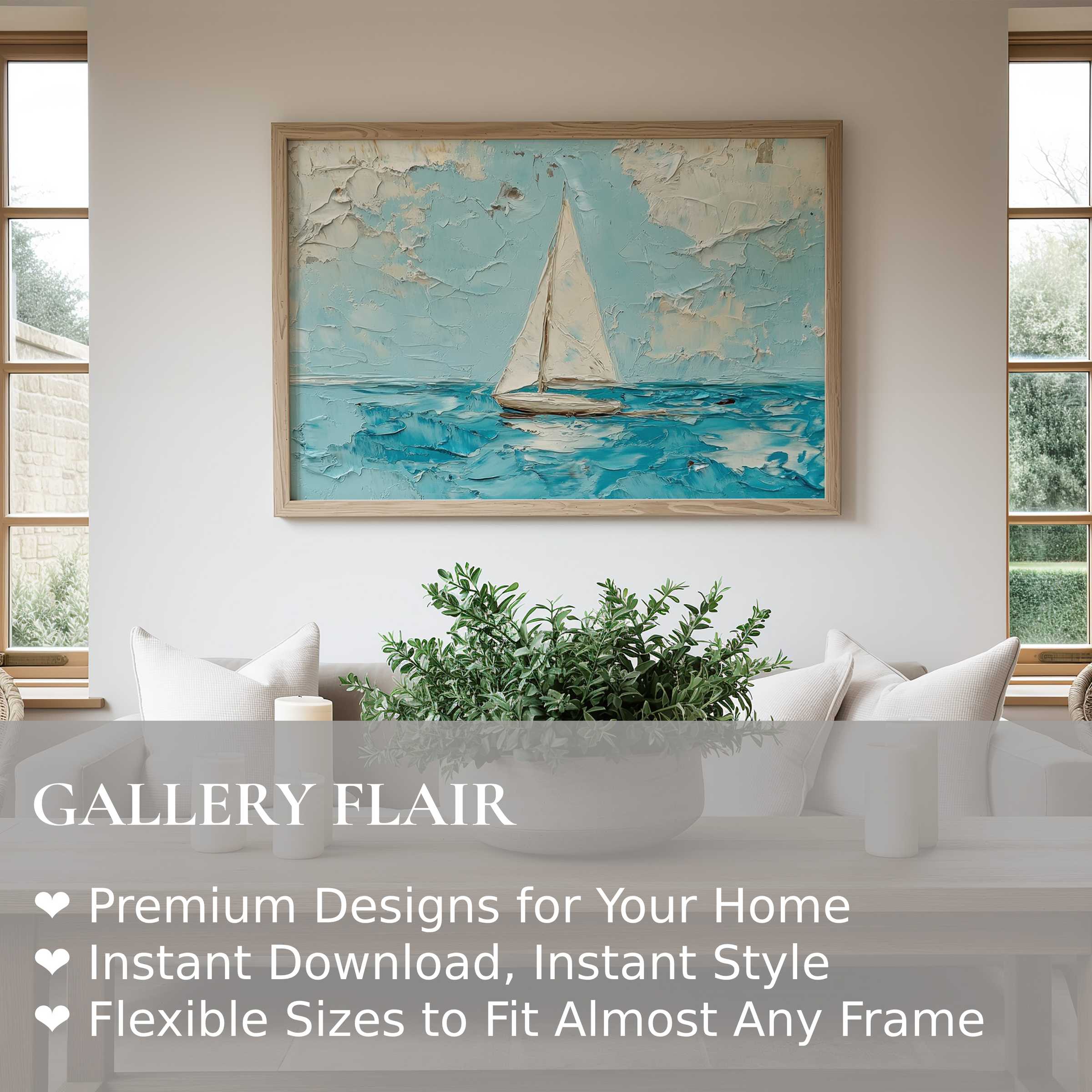 Summer wall art print featuring a textured sailboat scene in soothing blues, enhancing modern coastal interiors with calming elegance