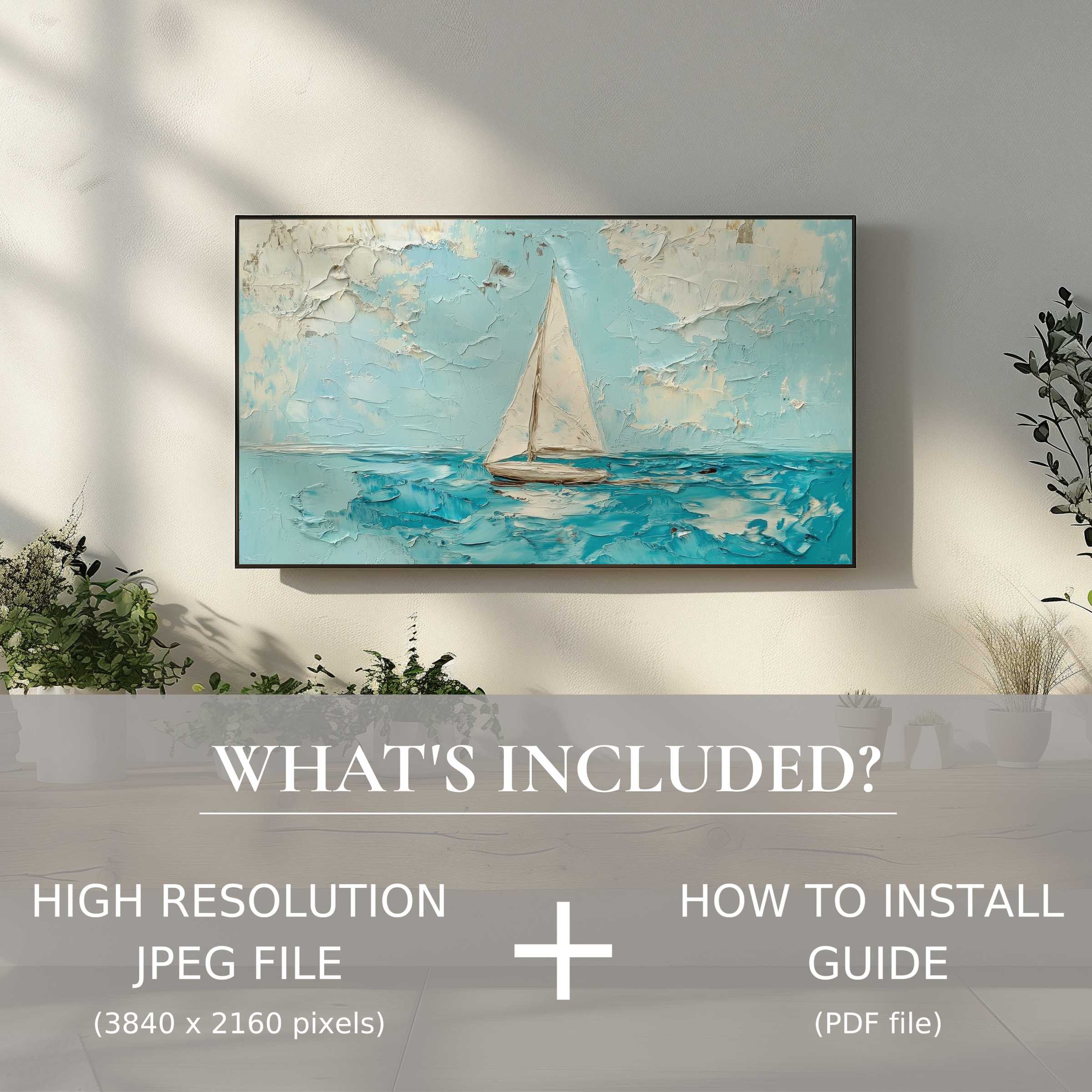 Elegant summer digital TV art download with easy use, enhancing living spaces with serene sailboat decor