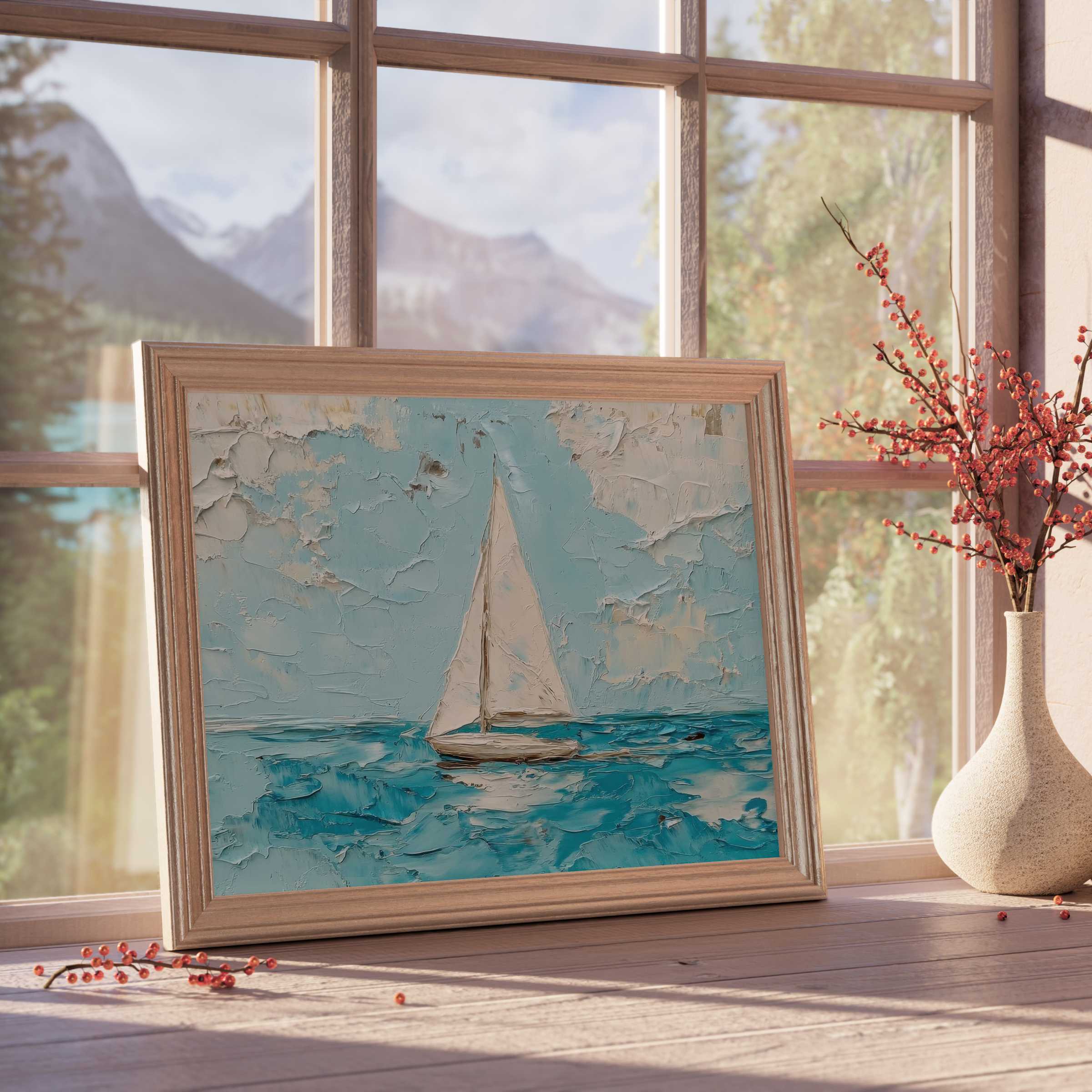 Summer downloadable art featuring a textured sailboat on tranquil blue waves, enhancing curated, serene modern interiors