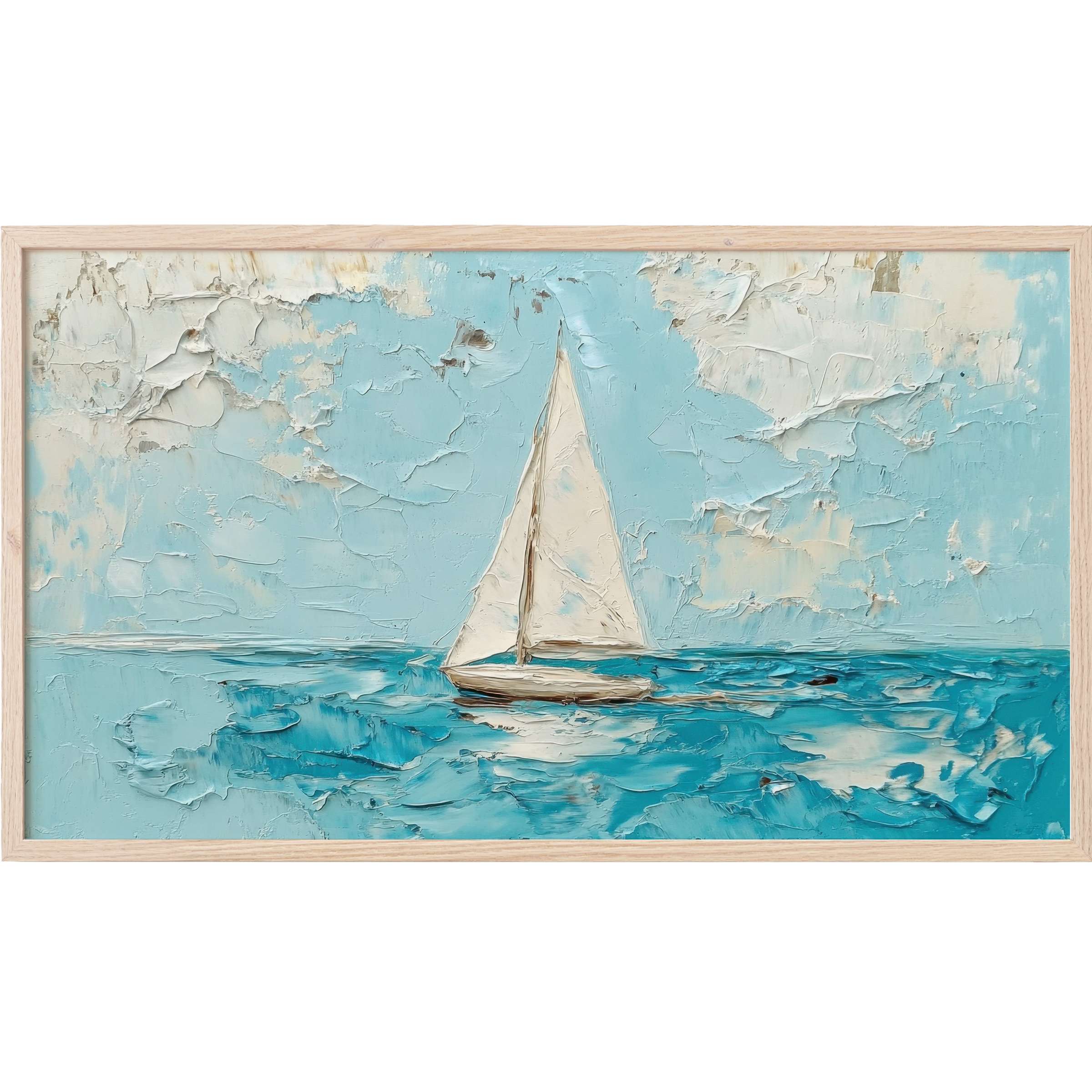 Elegant impasto sailboat on textured blues and creams, evoking calm seas in modern summer Frame TV Art