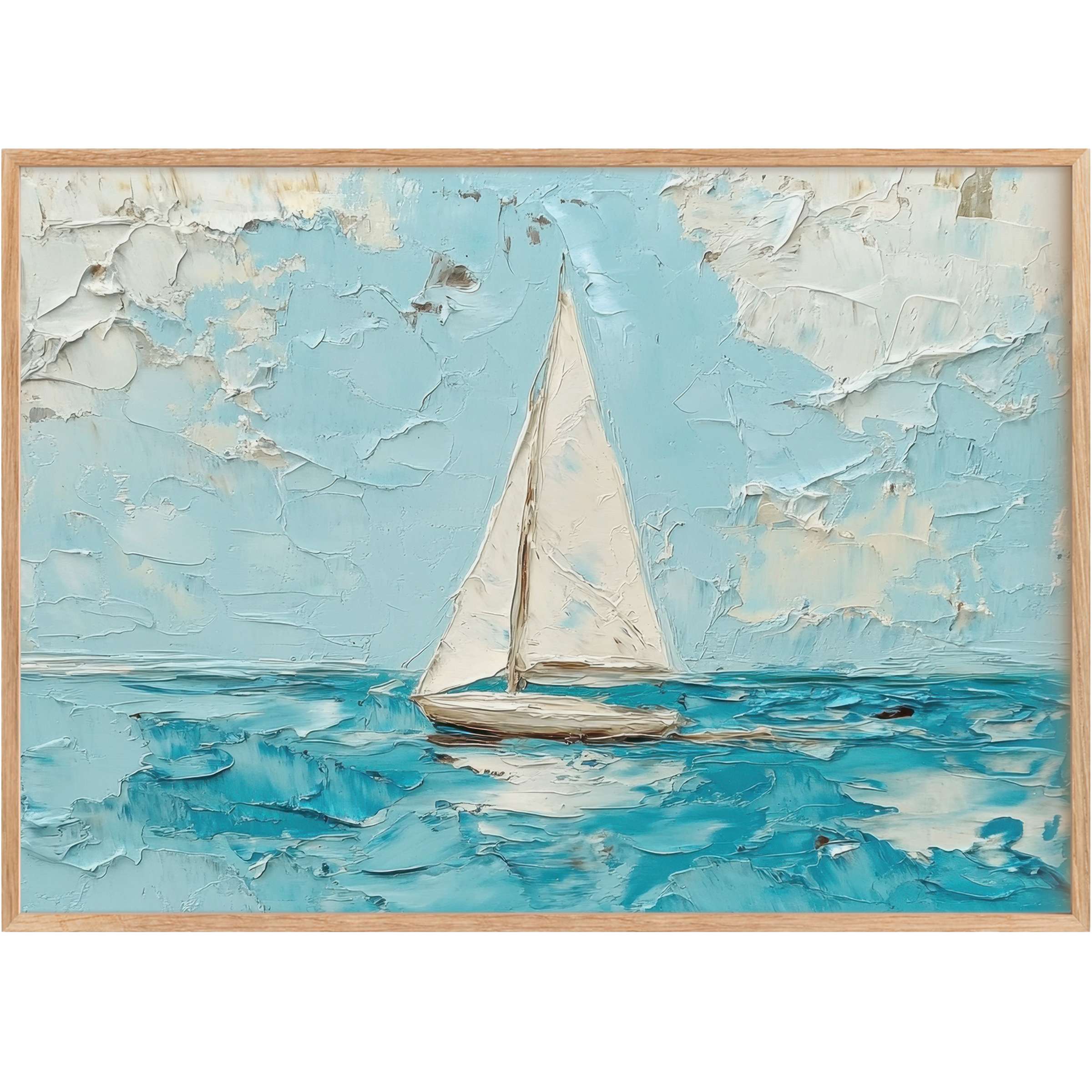 Serene summer printable wall art featuring textured sailboat gliding on tranquil turquoise waves beneath a softly clouded sky