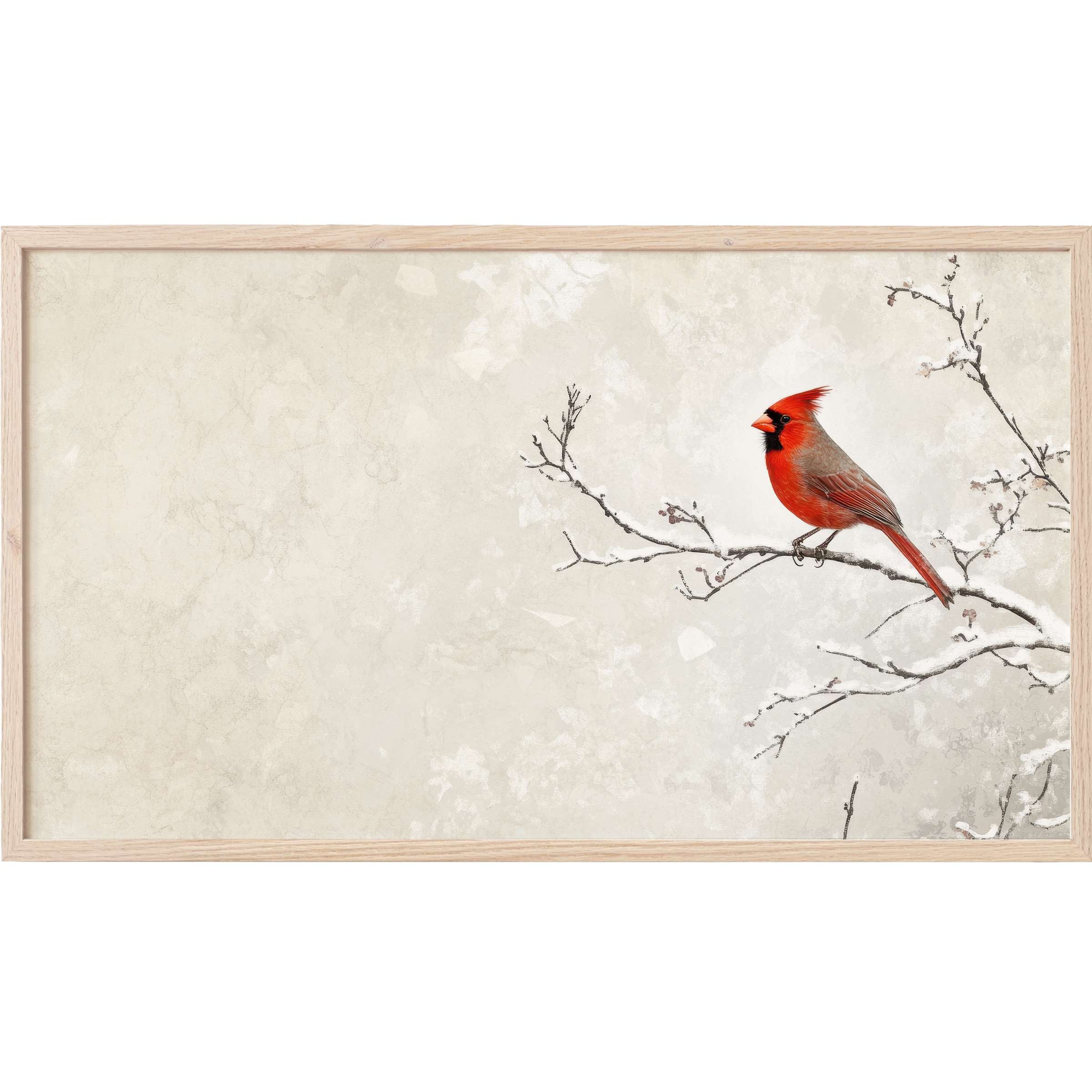 Minimalist christmas Frame TV Art featuring a vibrant red cardinal on delicate snowy branches against soft beige