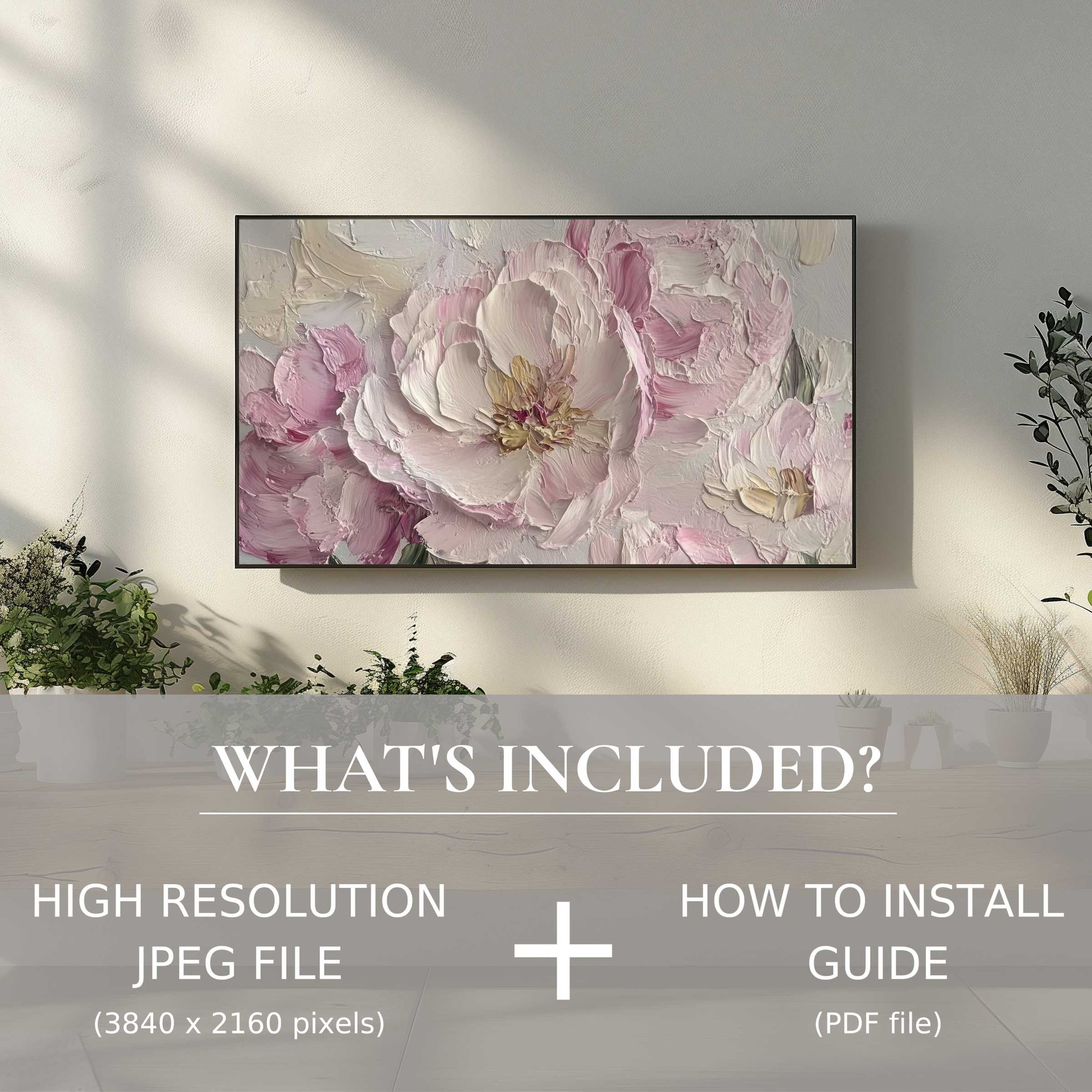 Elegant spring digital TV art download with soft florals, easy digital use enhances any modern living space beautifully