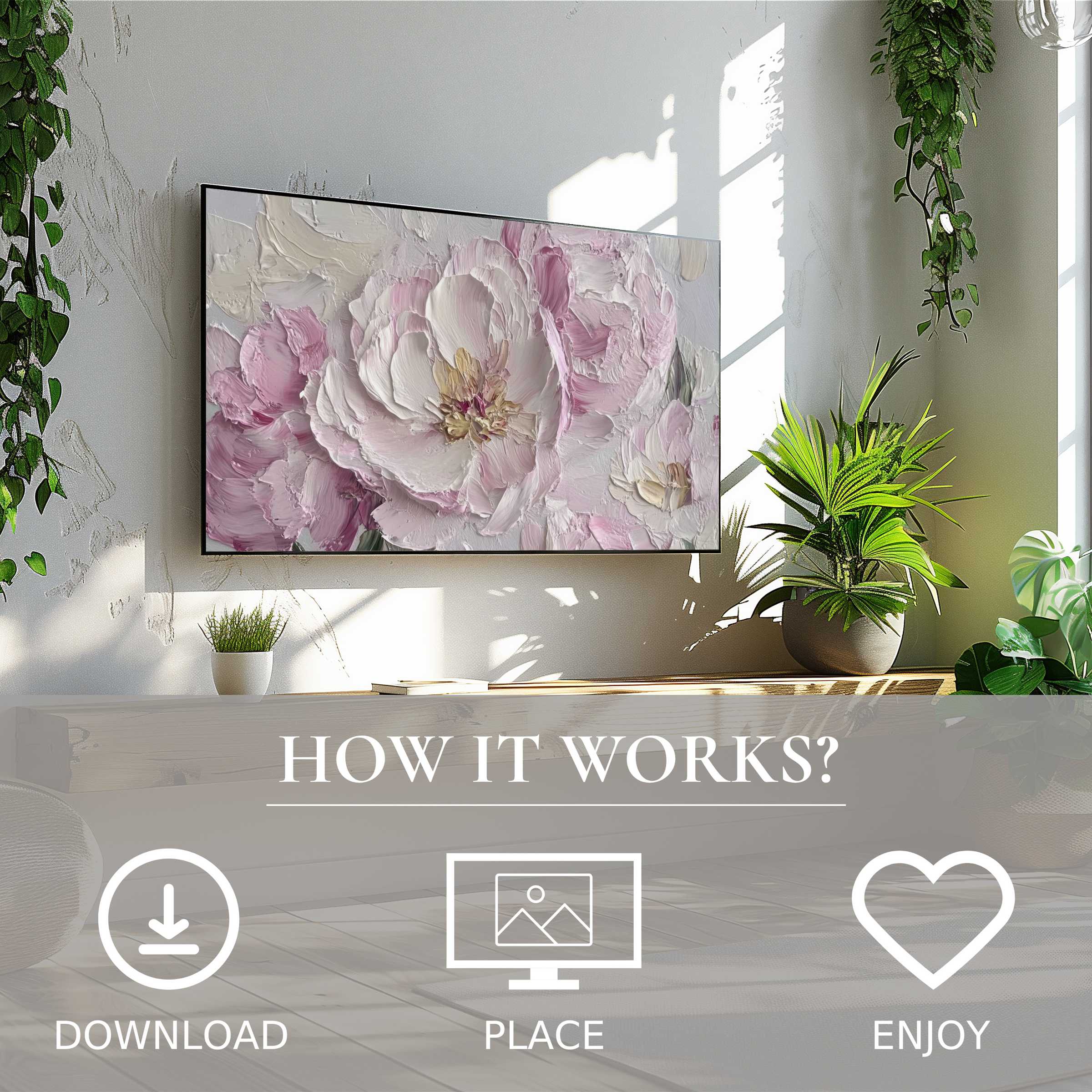 Spring art for Samsung TV: soft pink floral oil painting motif, easy digital download, enriches modern living spaces