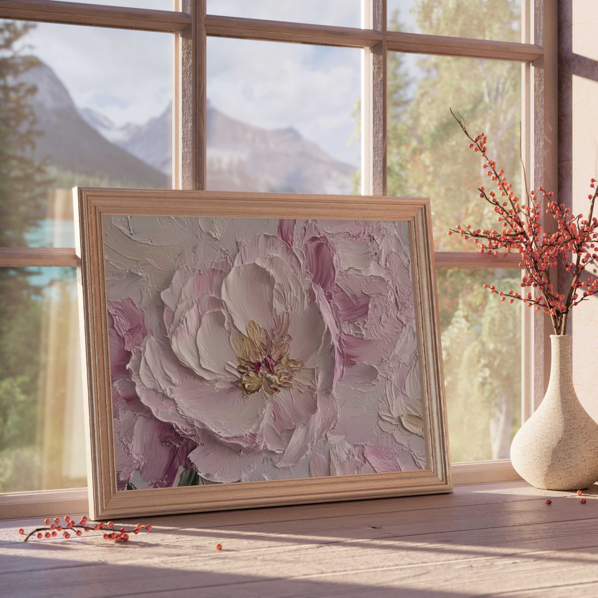 Spring downloadable art featuring textured pastel peony blossoms in a natural wood frame, elevating serene, curated interiors with warm, elegant charm