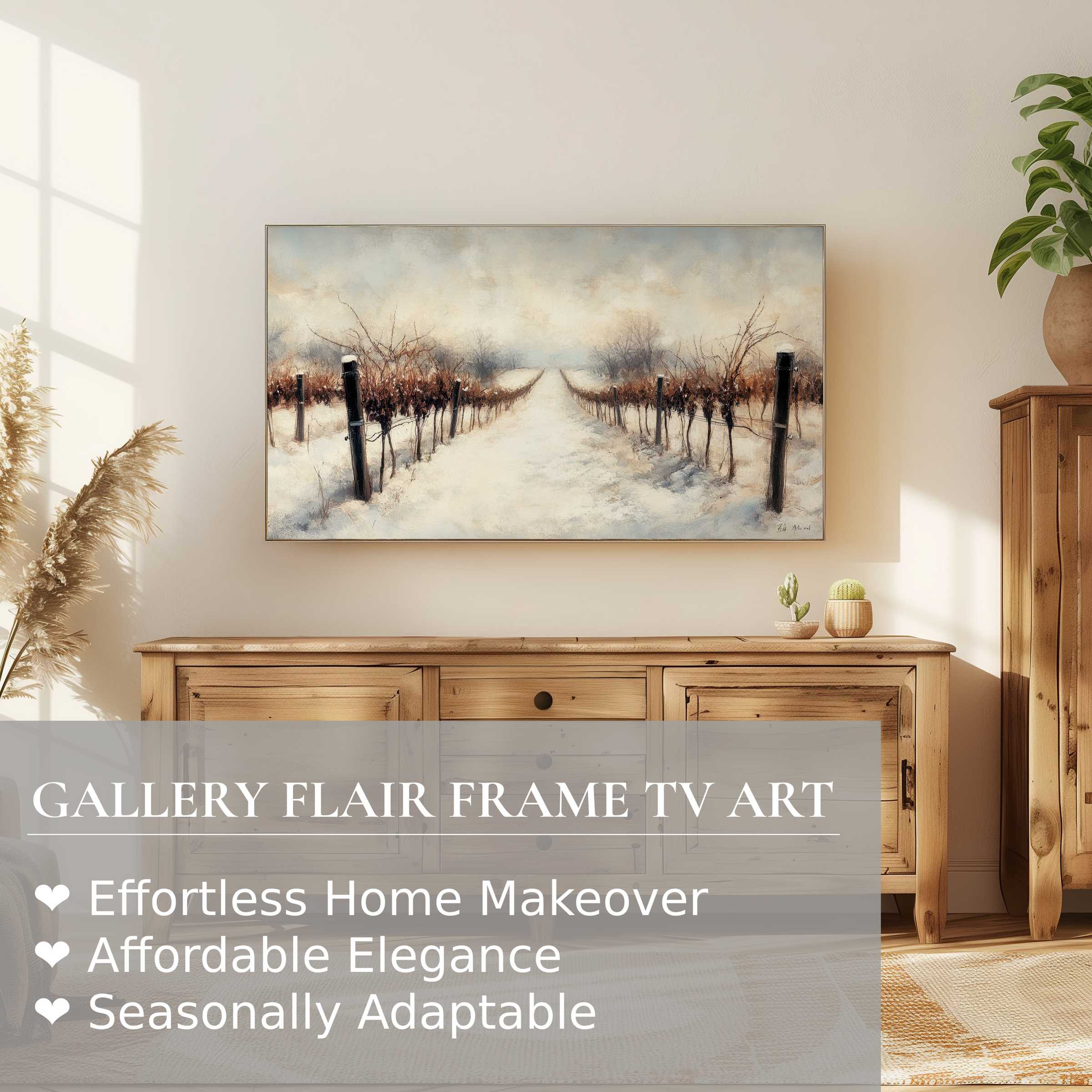 Elegant winter digital artwork on Samsung Frame TV in a cozy, modern living space with natural wood décor