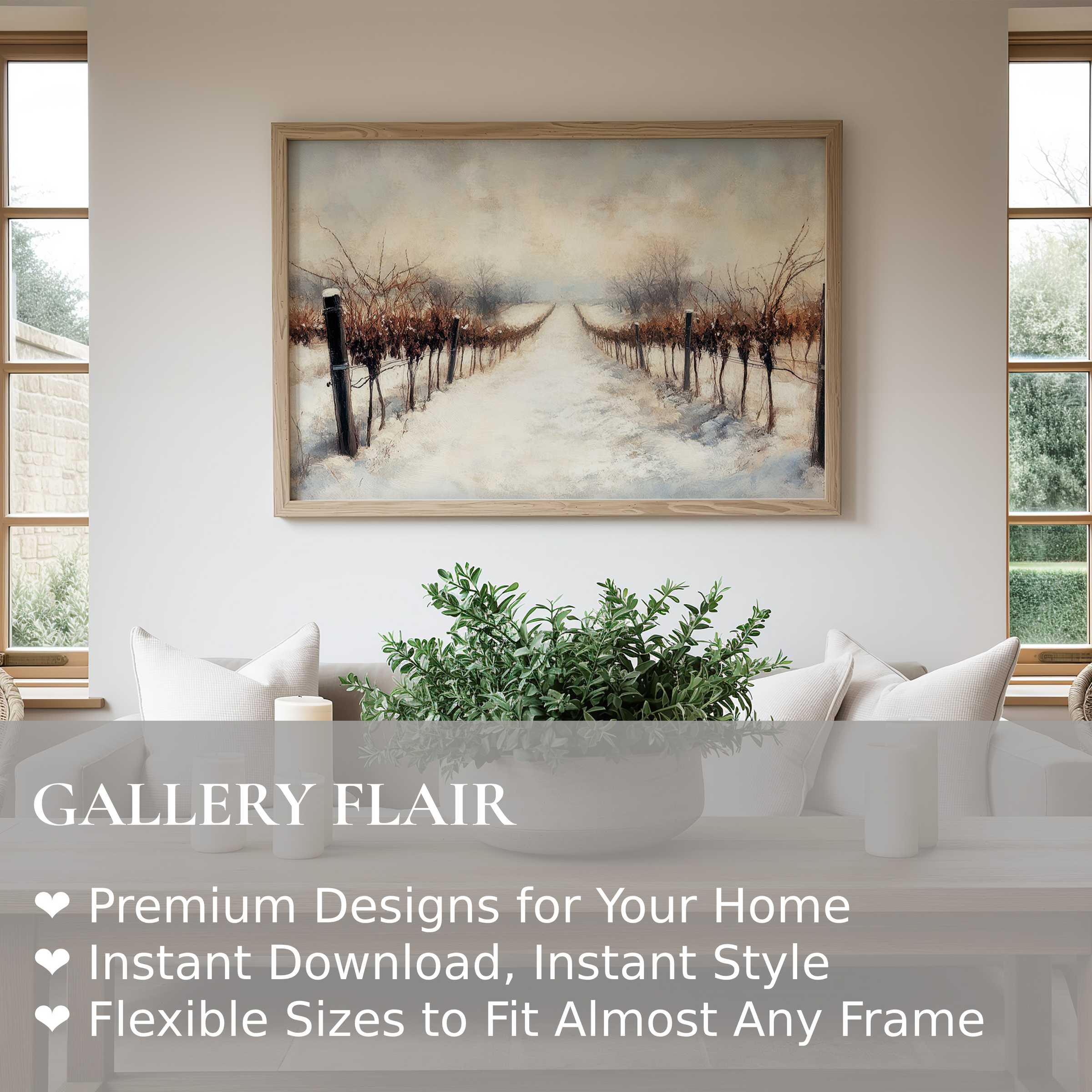 Winter wall art print featuring a serene snow-covered vineyard landscape with soft, muted tones, enhancing modern, minimalist interiors with calming elegance and subtle rustic charm