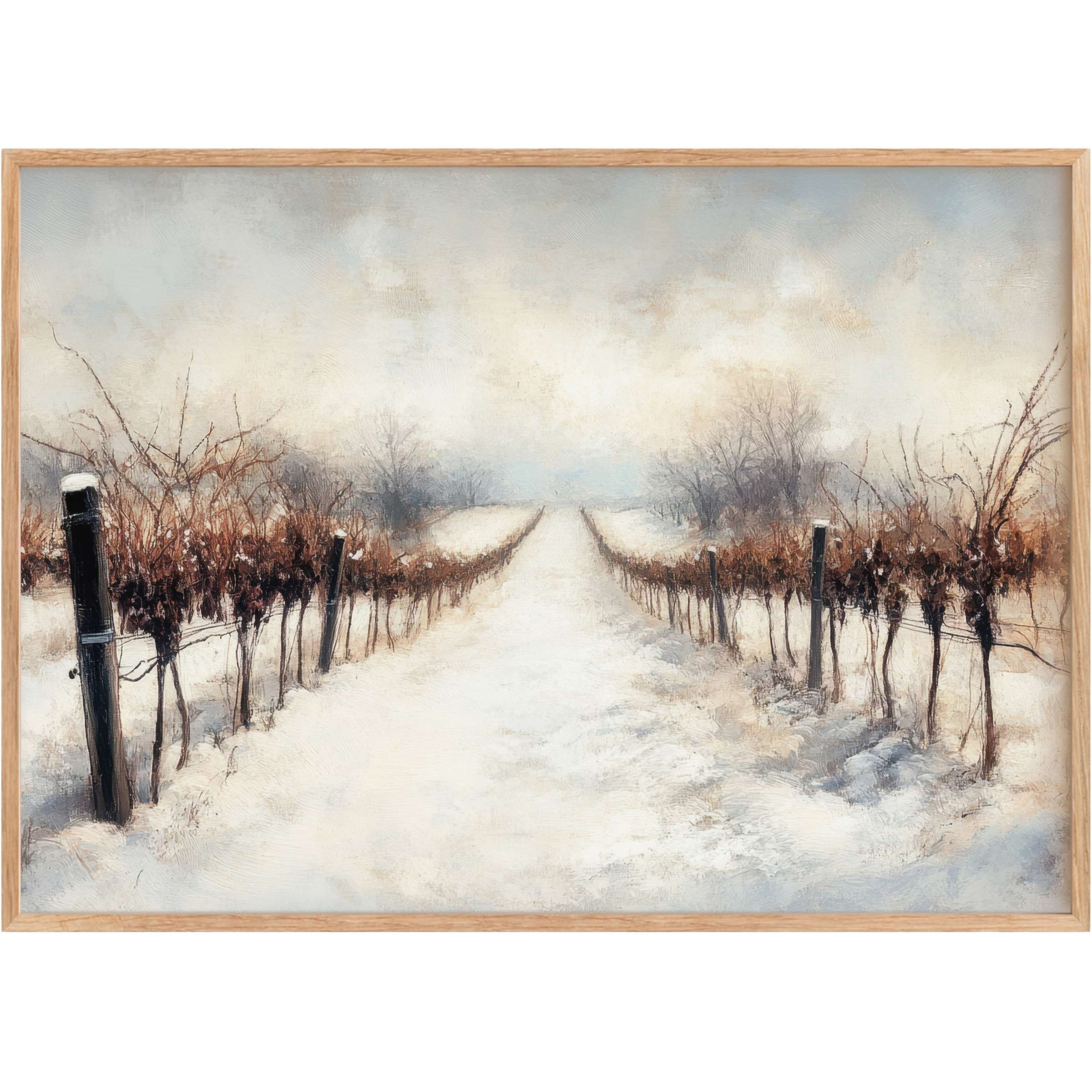 Winter printable wall art capturing a serene snow-covered vineyard path, evoking calm with soft grays and warm earth tones