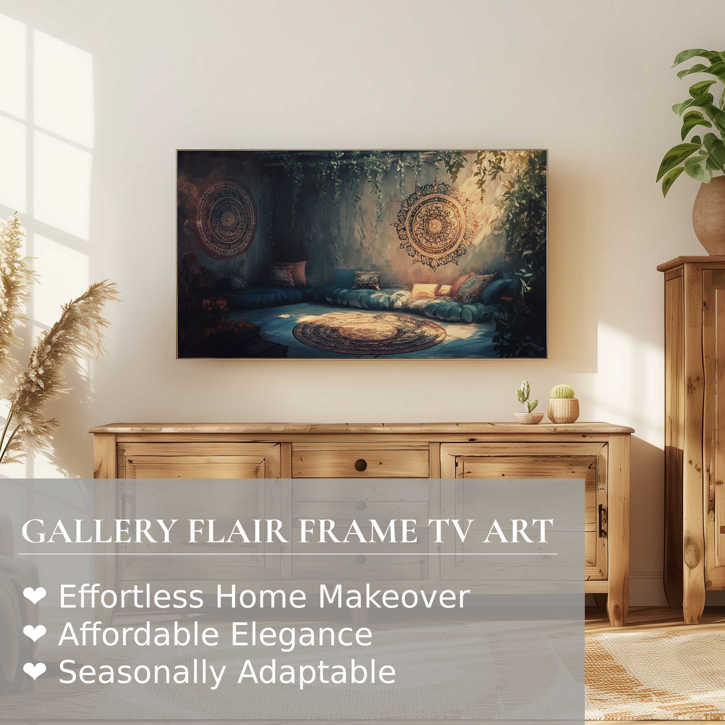 Samsung Frame TV displays boho digital artwork in a sunlit, elegant living space with warm wooden accents and greenery