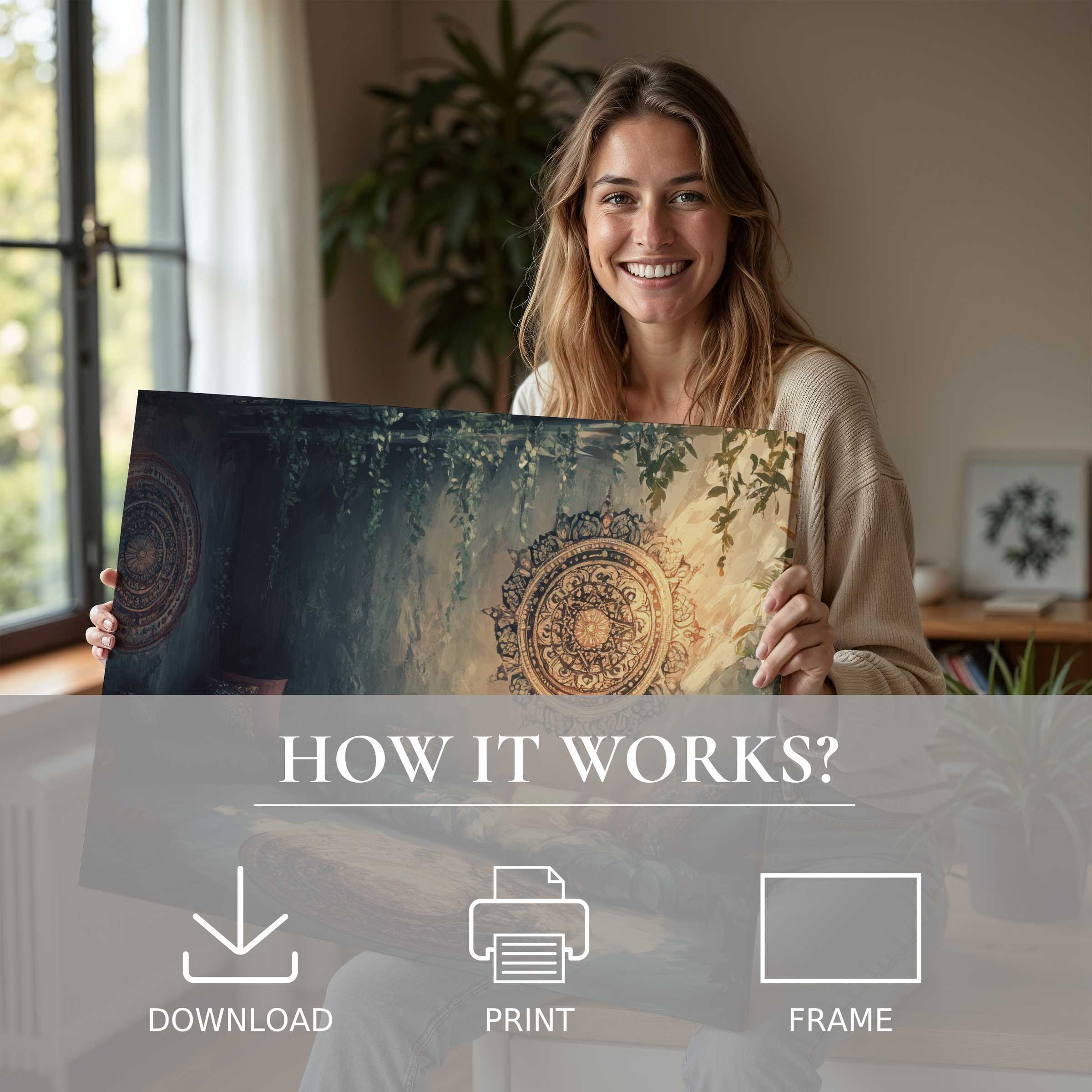 Boho digital art print transforming a modern home with serene warmth and effortless elegance in everyday living