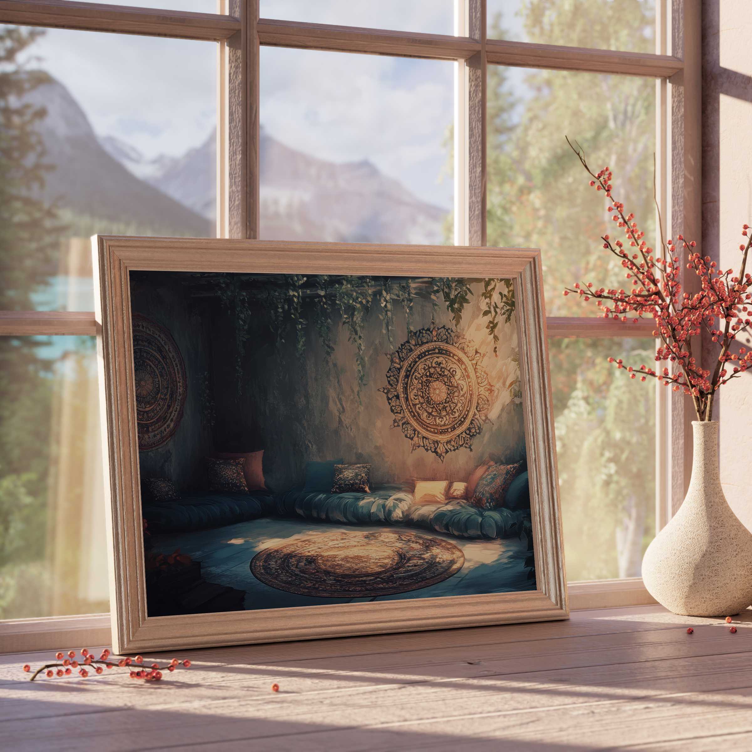 Boho downloadable art radiating serene warmth, featuring intricate mandalas that elevate tranquil, curated bohemian interiors