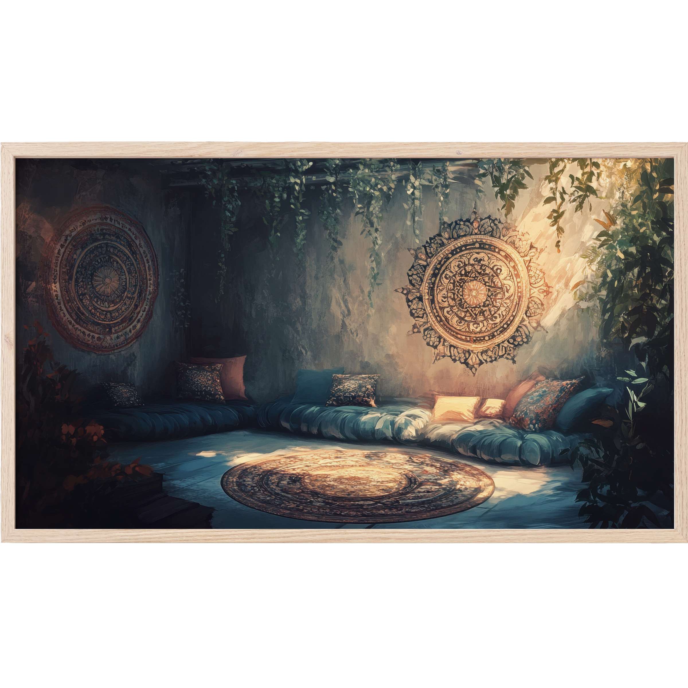 Boho Frame TV Art of a cozy, sunlit nook with rich teal cushions, intricate mandalas, and lush greenery ambiance