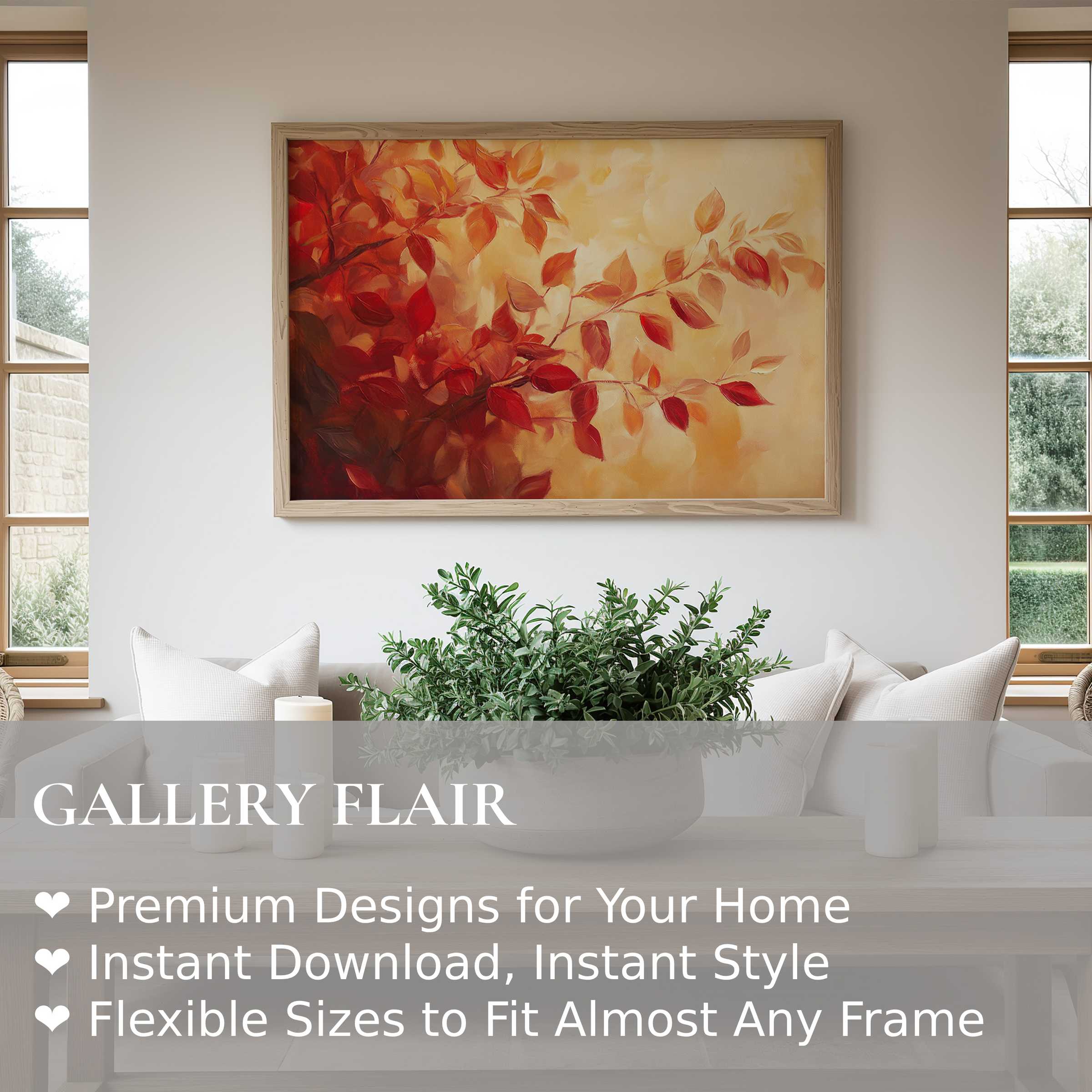 Radiant fall wall art print with warm red and orange leaves, enhancing modern minimalist living spaces with seasonal elegance
