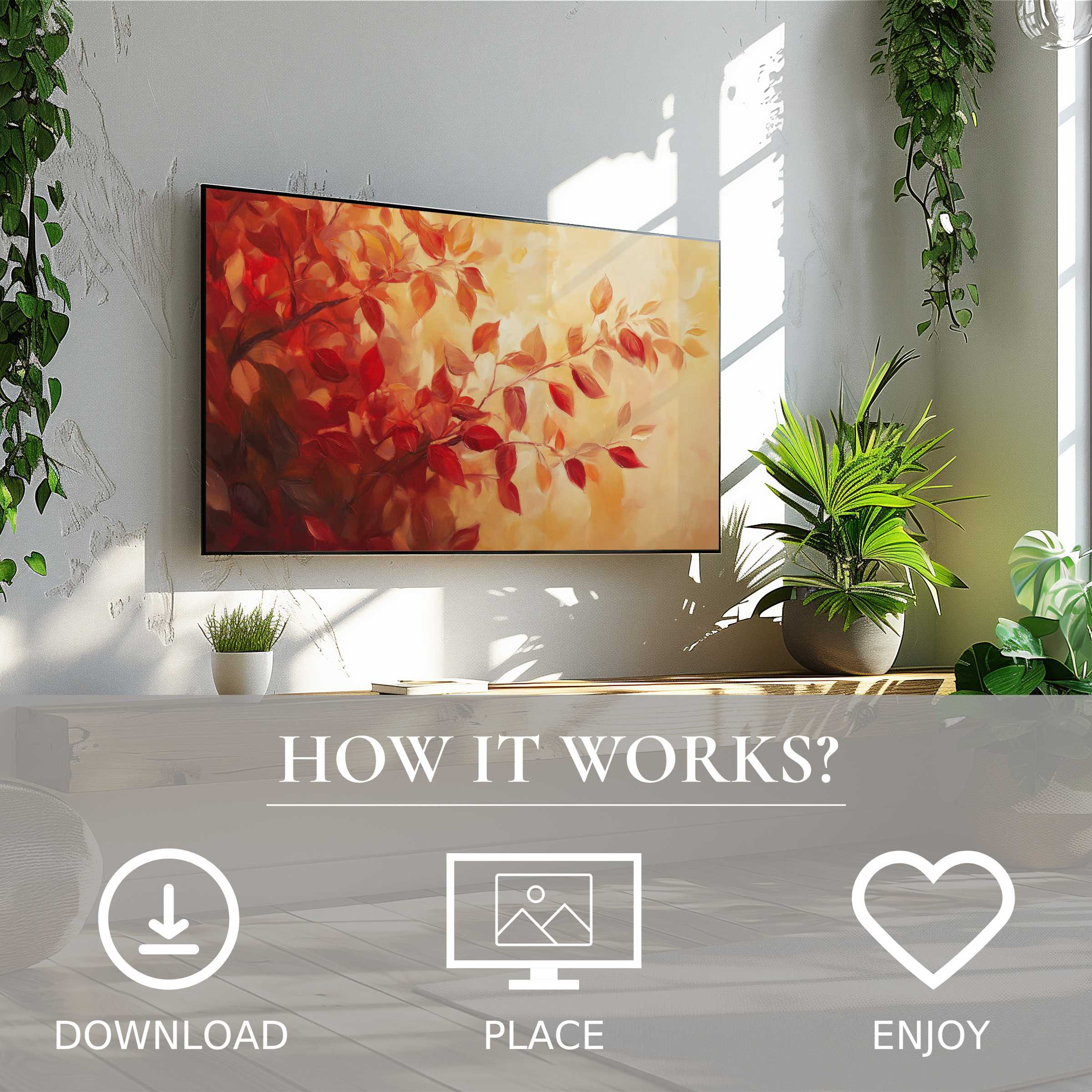 Fall art for Samsung TV with warm leaf tones on The Frame, easy digital download enriching bright, modern spaces