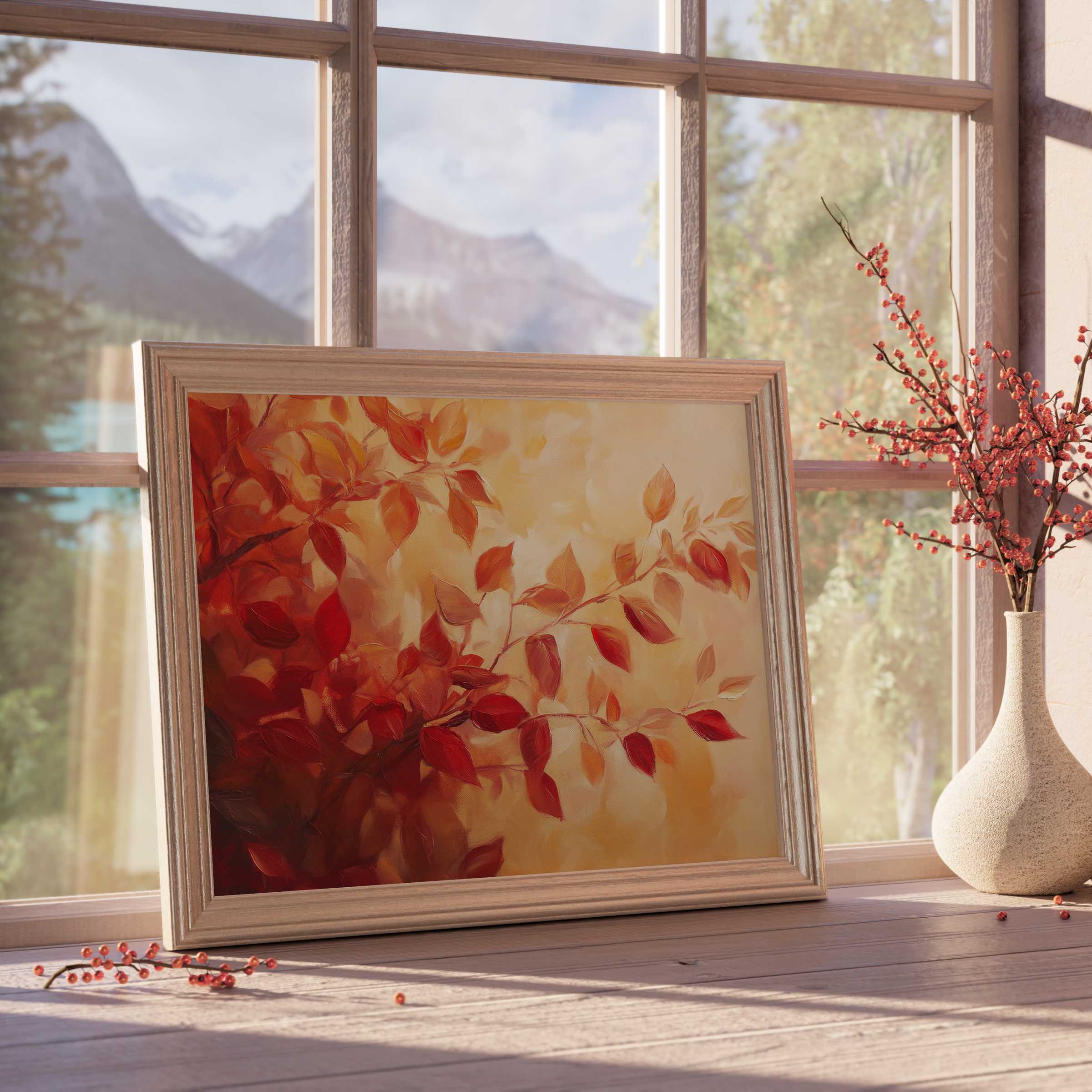 Fall downloadable art showcasing vibrant crimson leaves in a warm, golden palette, perfect for elevating elegant, serene interiors