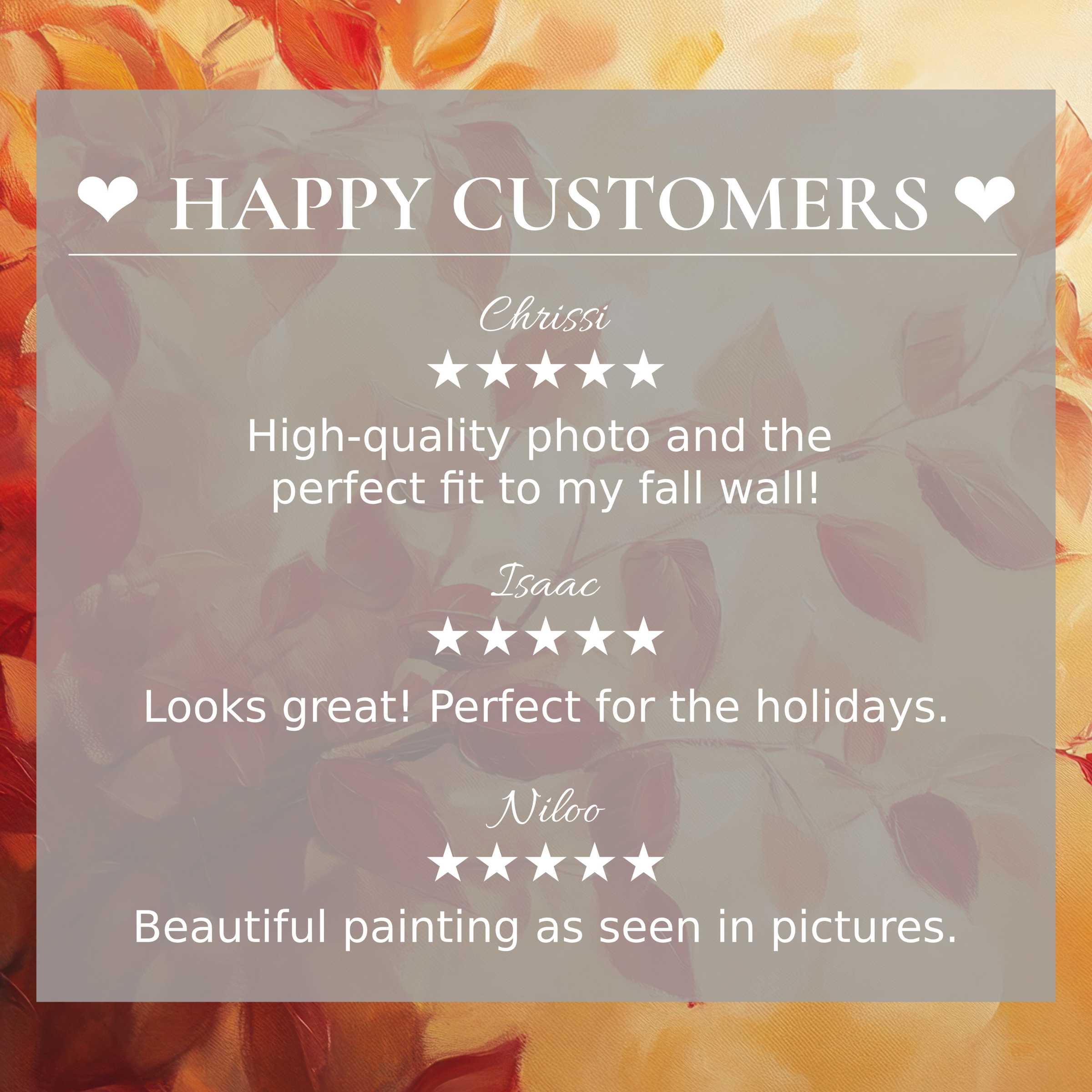 Refined fall art for Frame TV with abstract warm leaves, showcasing happy customer reviews and elegant design trust