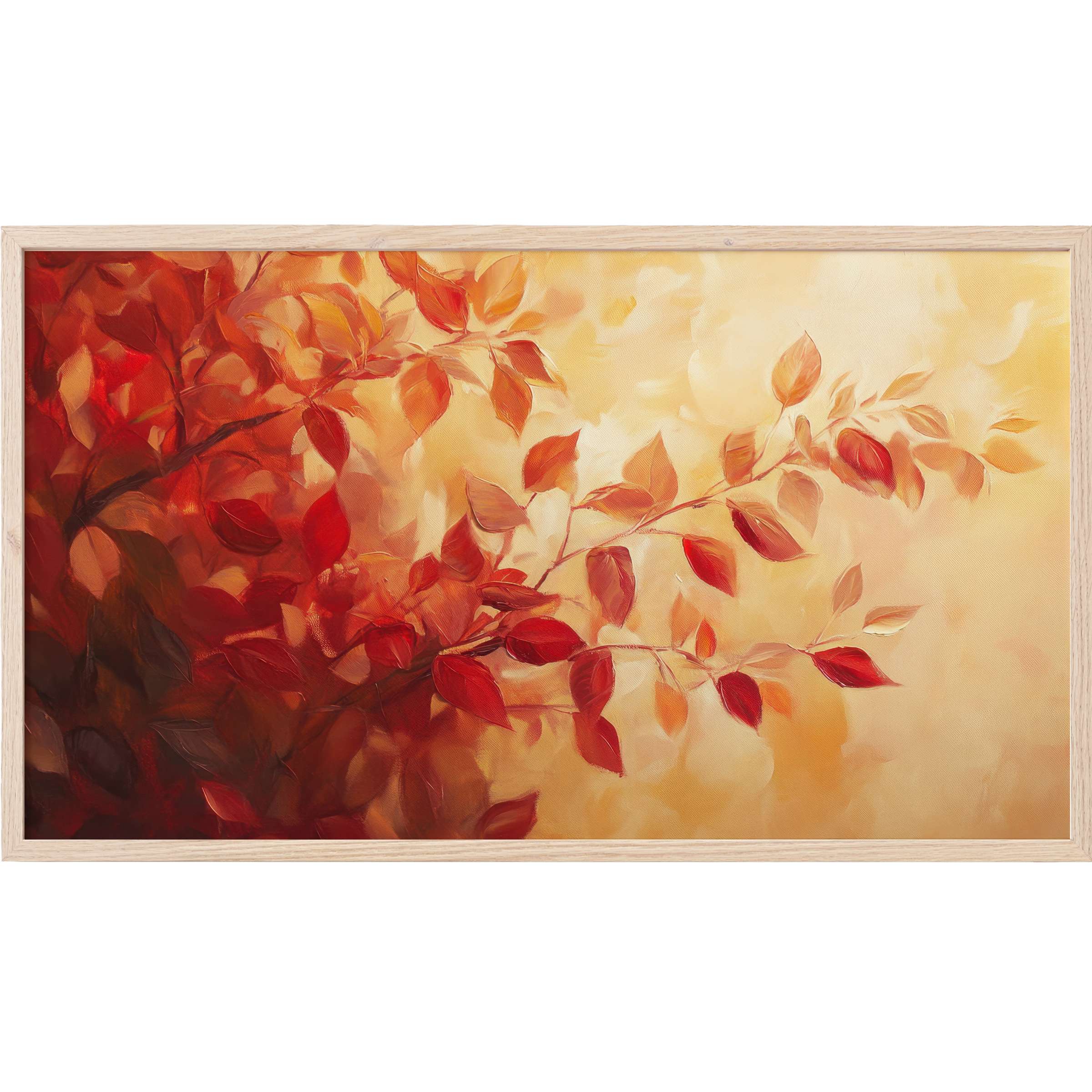 Fall Frame TV Art featuring a delicate branch with warm red and orange leaves in a soft, modern painterly style