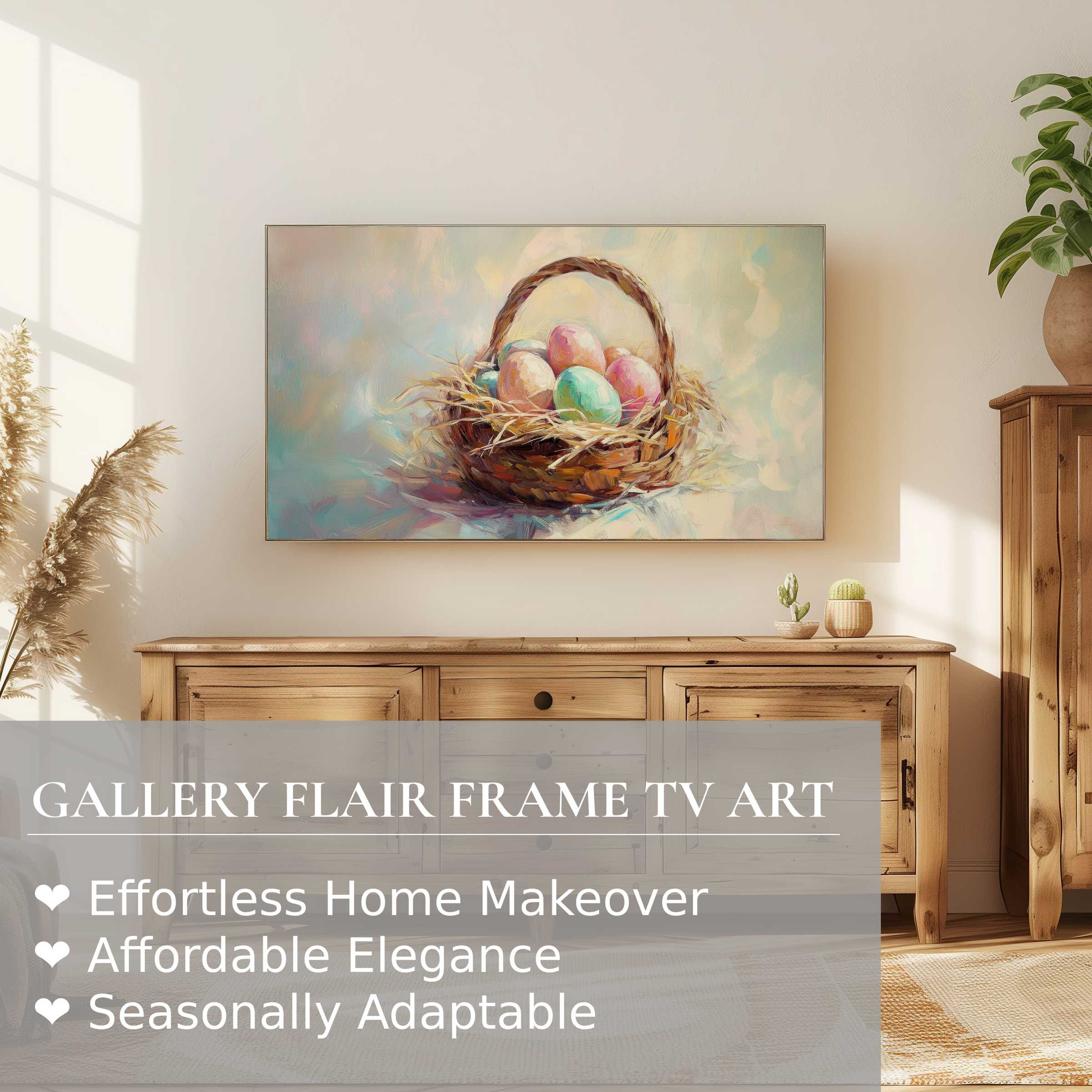 Samsung Frame TV displaying elegant easter digital artwork of pastel eggs in a basket, stylish modern decor