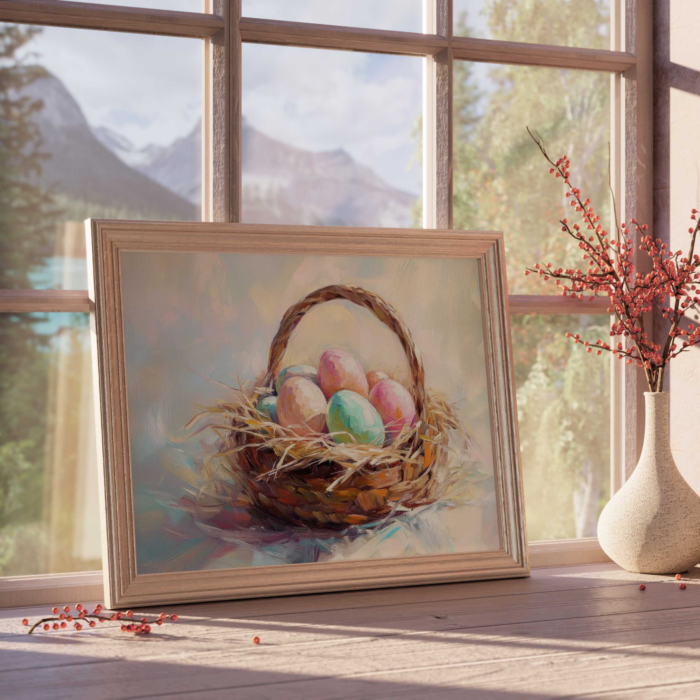 Elegant easter downloadable art featuring pastel eggs in a rustic basket, infusing serene charm into curated, tranquil spaces