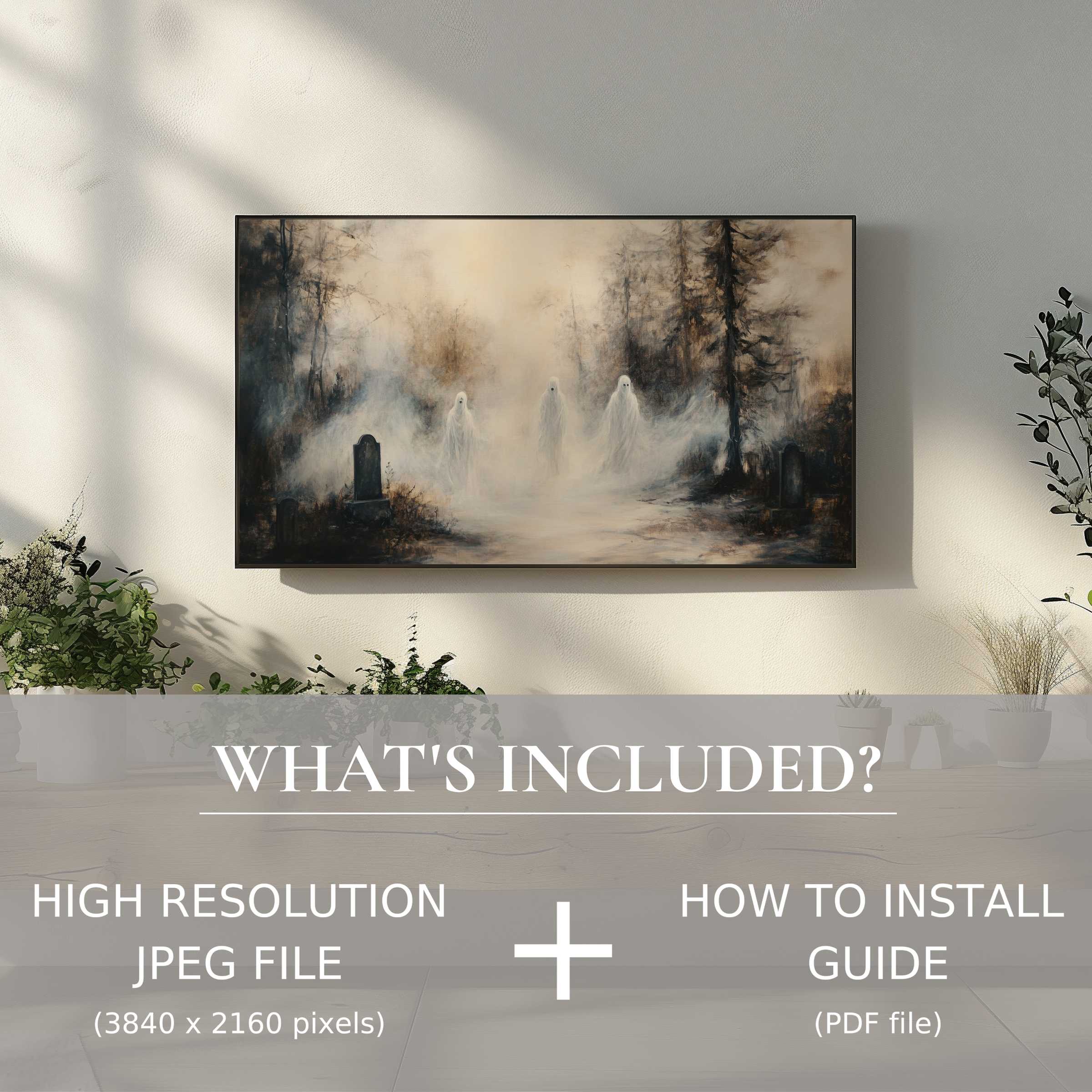 Elegant Halloween digital TV art download with misty ghost scene, easy digital use enhancing stylish living spaces