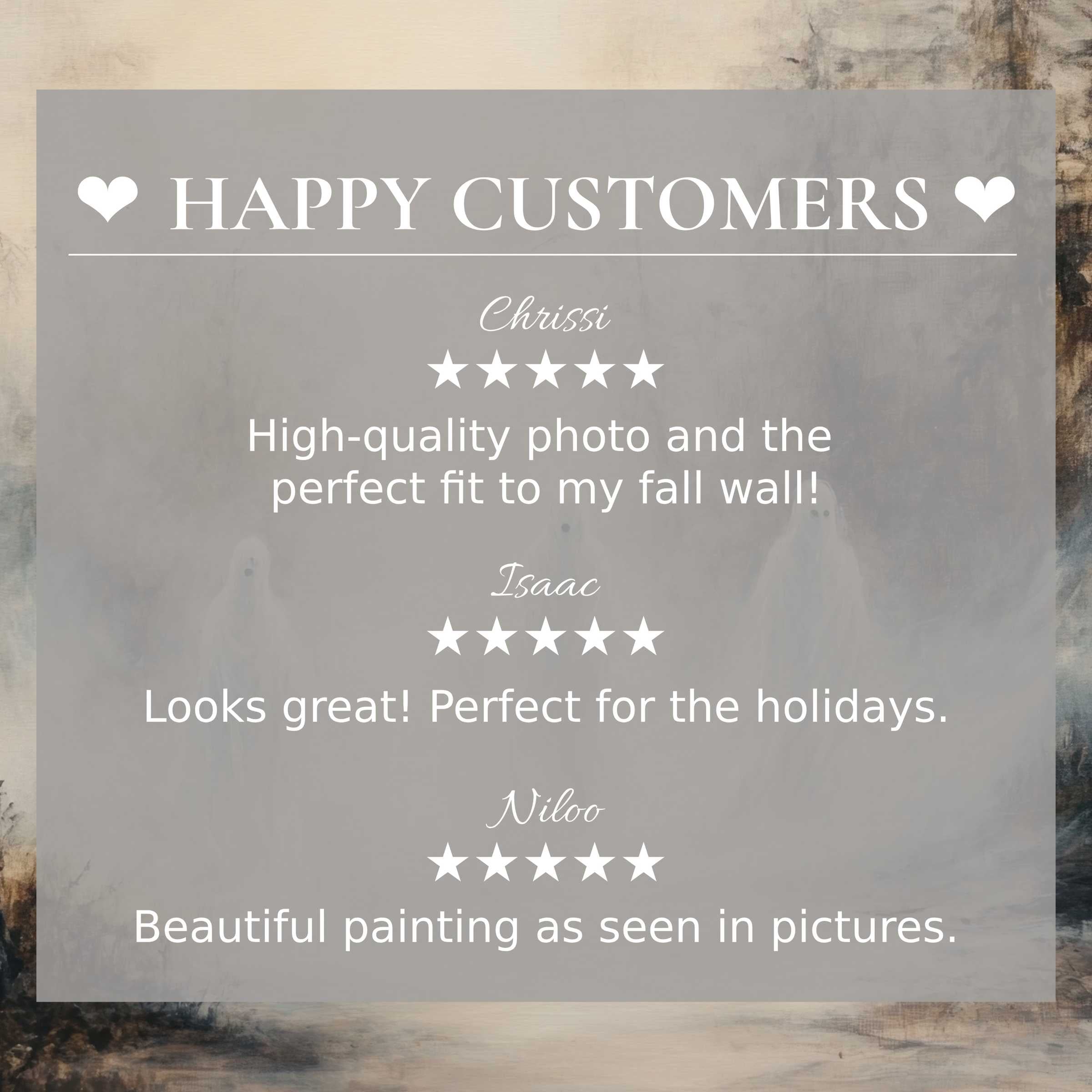 Elegant halloween art for Frame TV with misty ghostly background; layout inspires trust through happy customer reviews