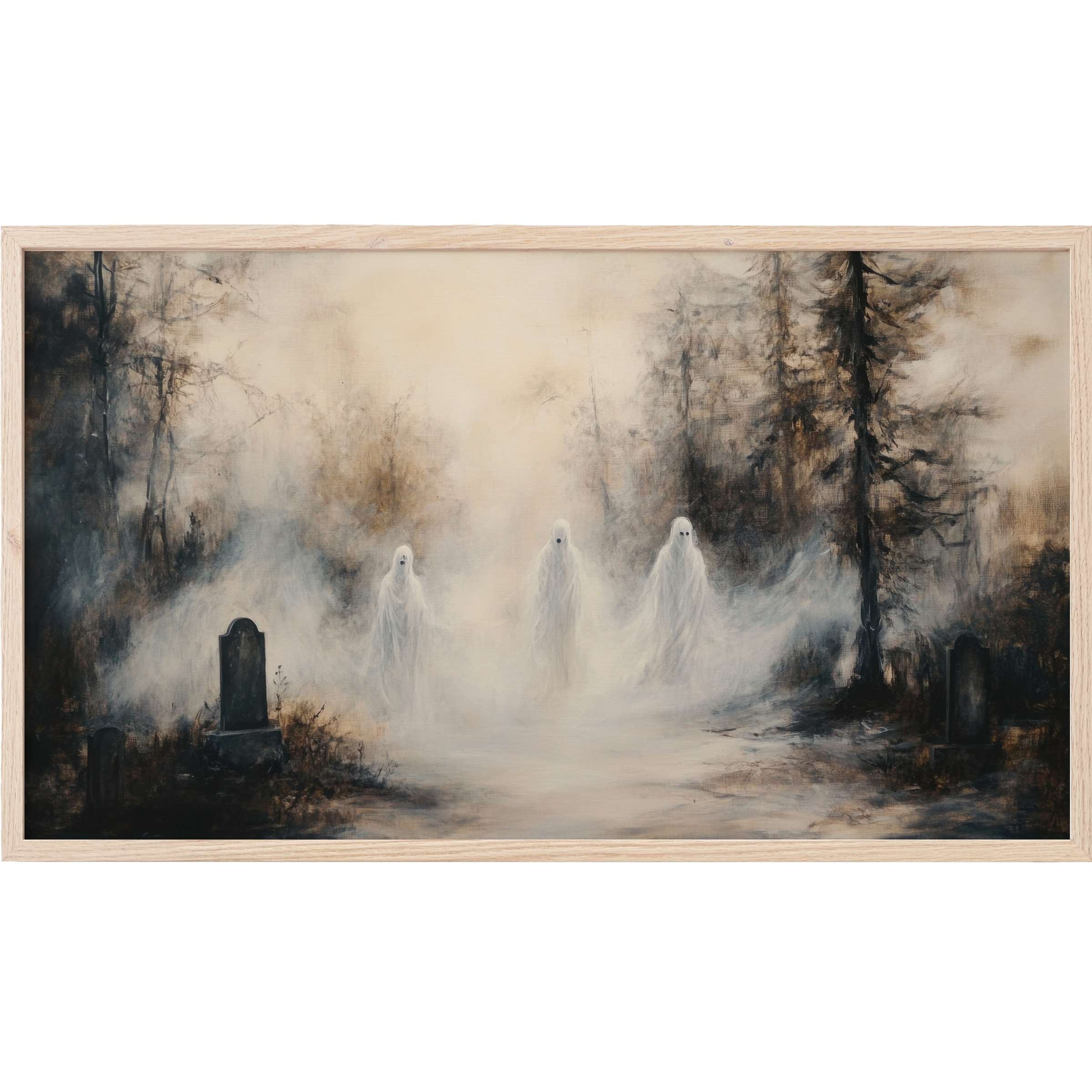 Ethereal ghosts emerge from misty woods in muted browns and greys for a haunting halloween Frame TV Art