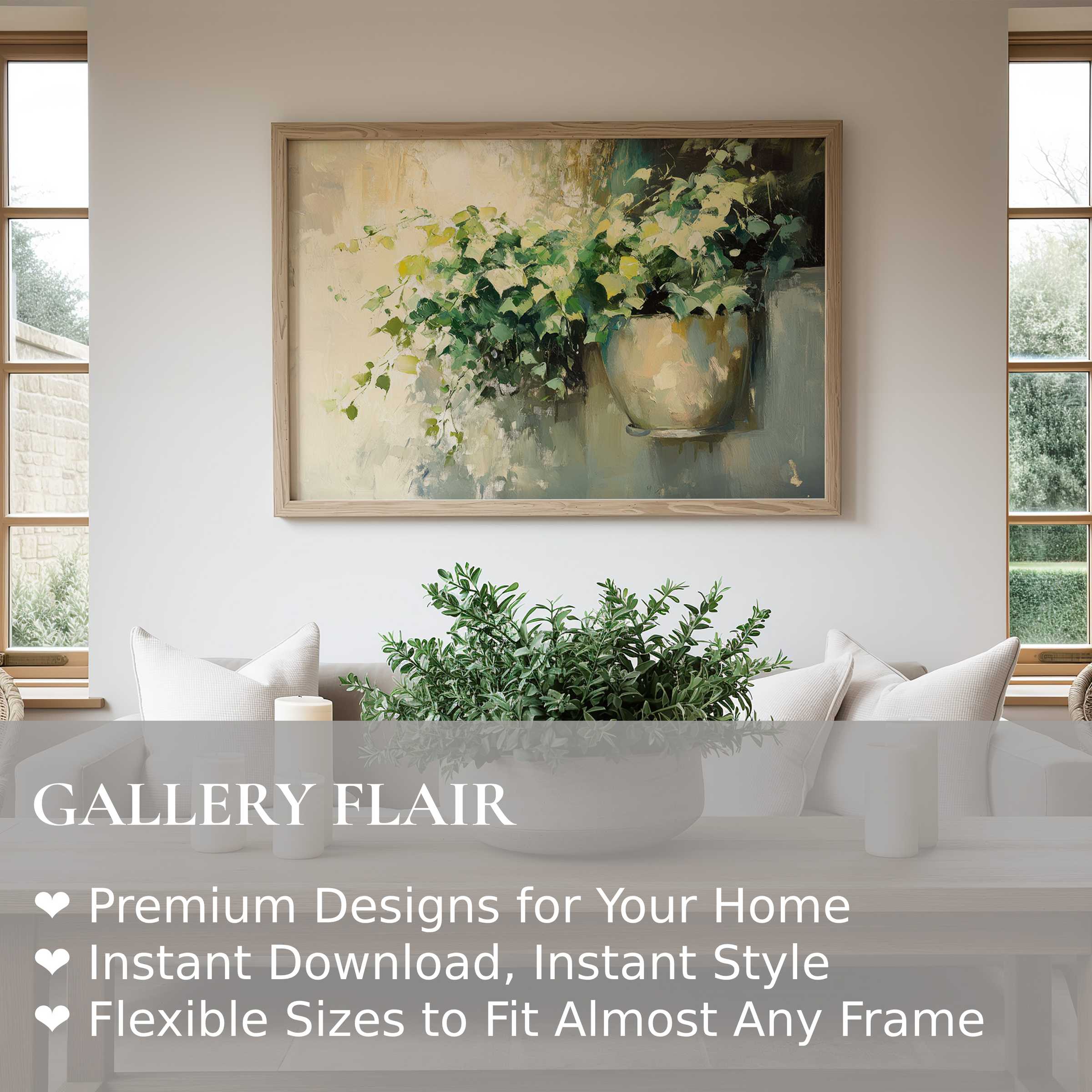 Botanical wall art print with soft, radiant greens and neutrals, enhancing a modern, serene living space with natural elegance and calm