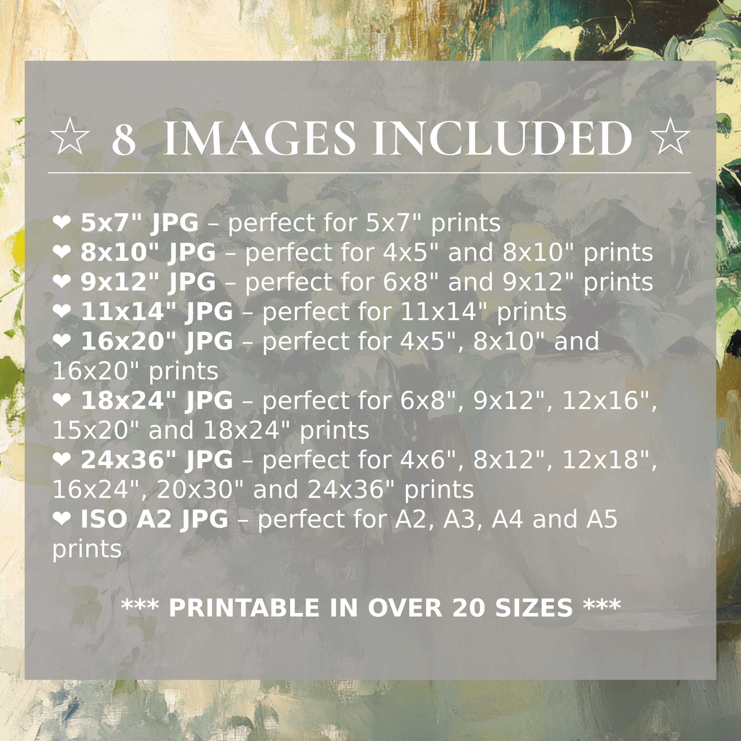 Botanical digital print radiates calming greens and muted golds, enhancing modern interiors with timeless beauty; includes 8 high-quality sizes