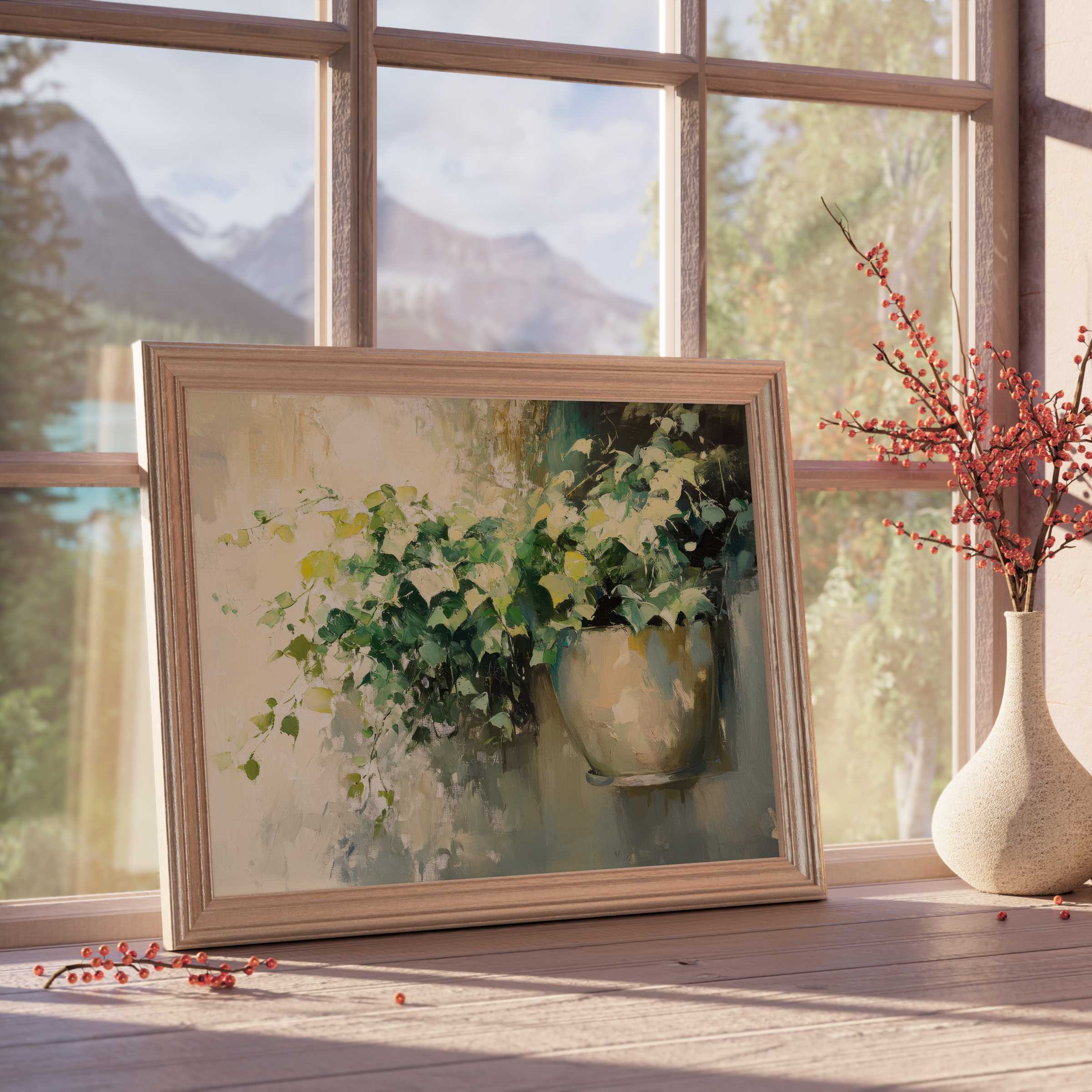Botanical downloadable art showcasing lush ivy in a soft wooden frame, illuminating serene, curated interiors with natural elegance