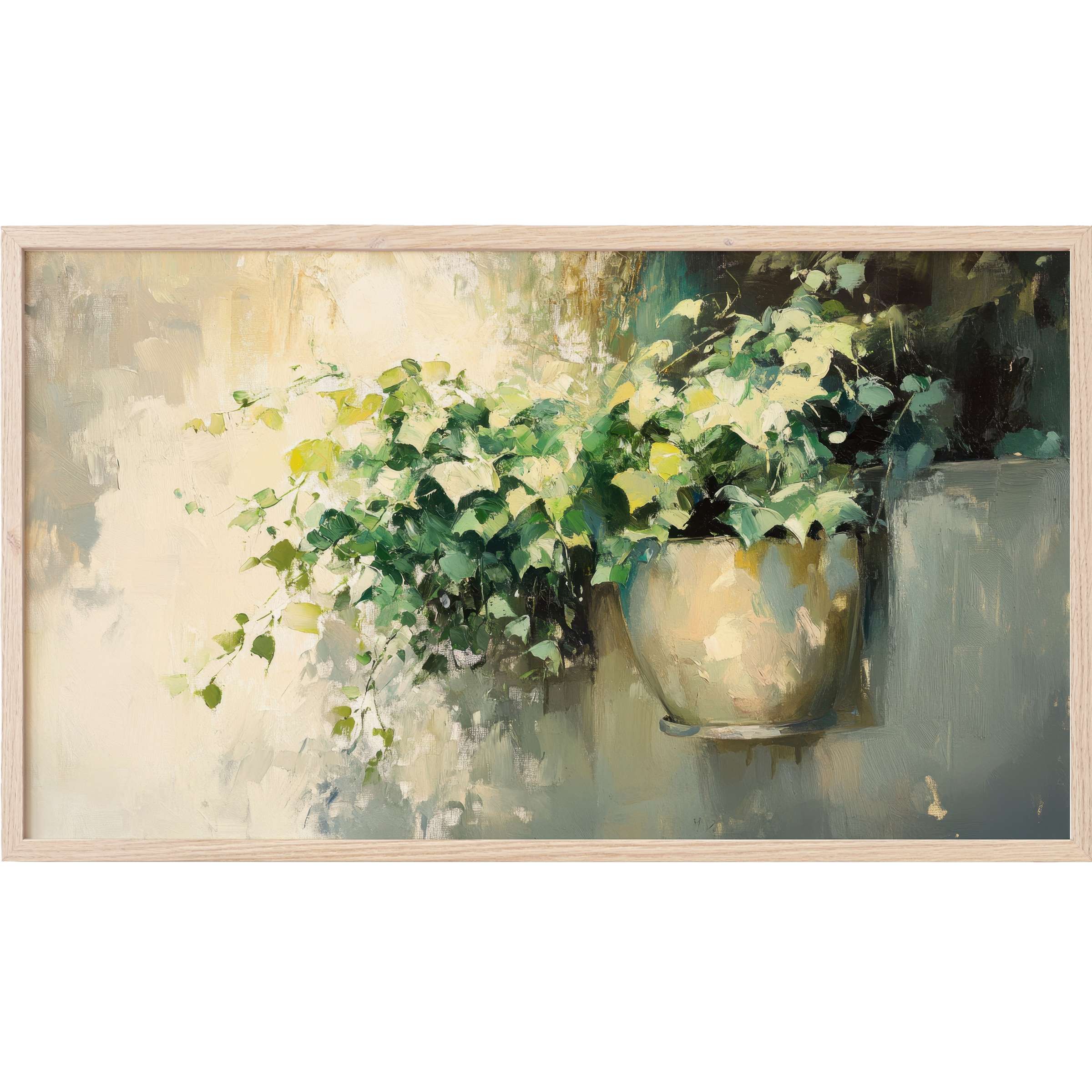 Elegant botanical Frame TV Art with lush green foliage in soft cream and teal hues, rendered in a painterly, modern style