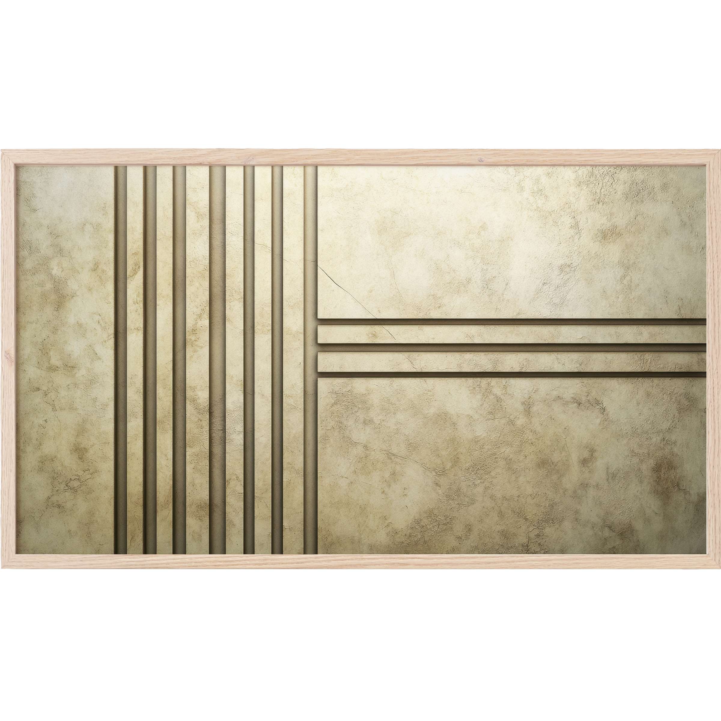 Elegant abstract Frame TV Art with textured beige surface and clean vertical and horizontal lines in soft taupe tones