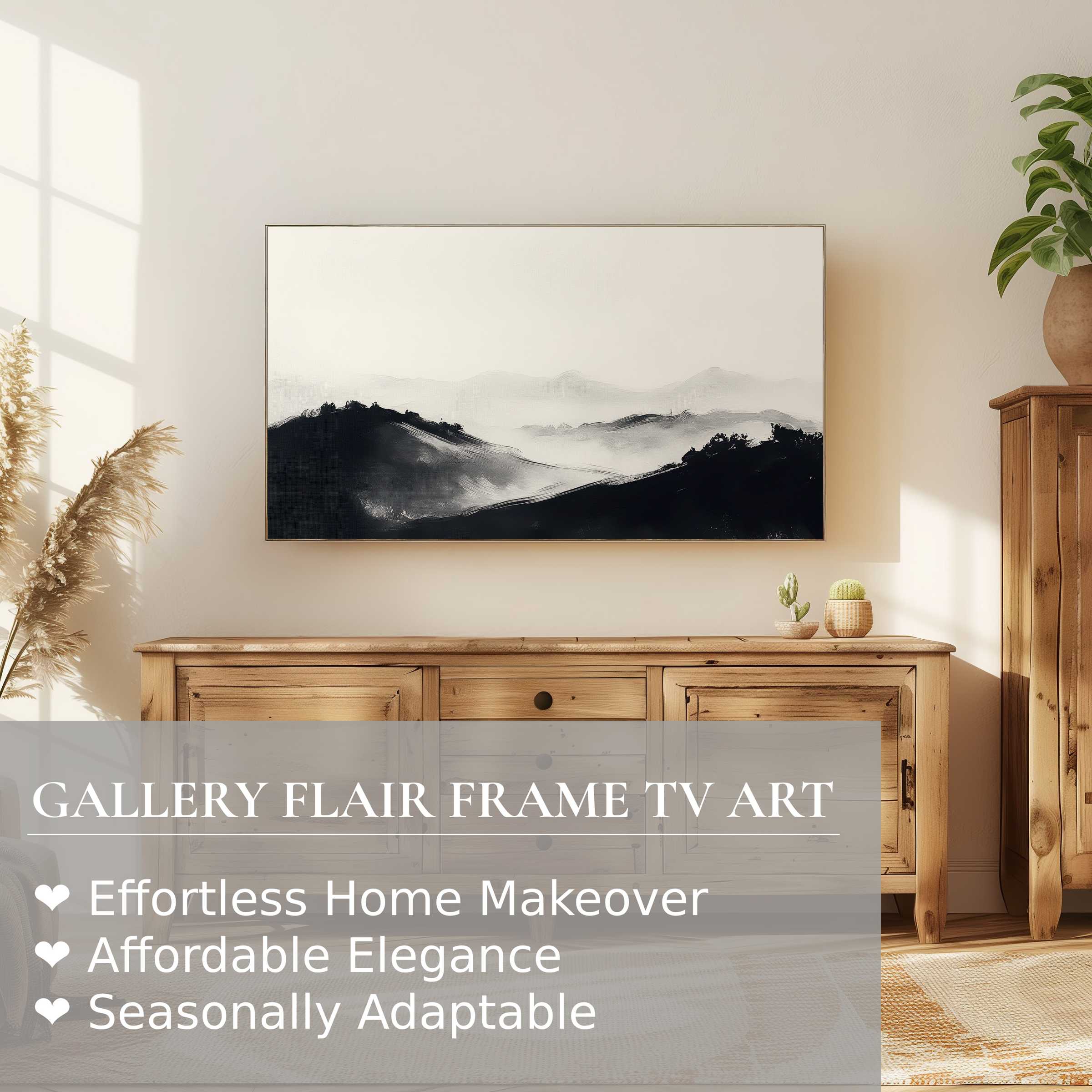 Modern living room with natural wood furniture showcasing Samsung Frame TV displaying black and white digital artwork