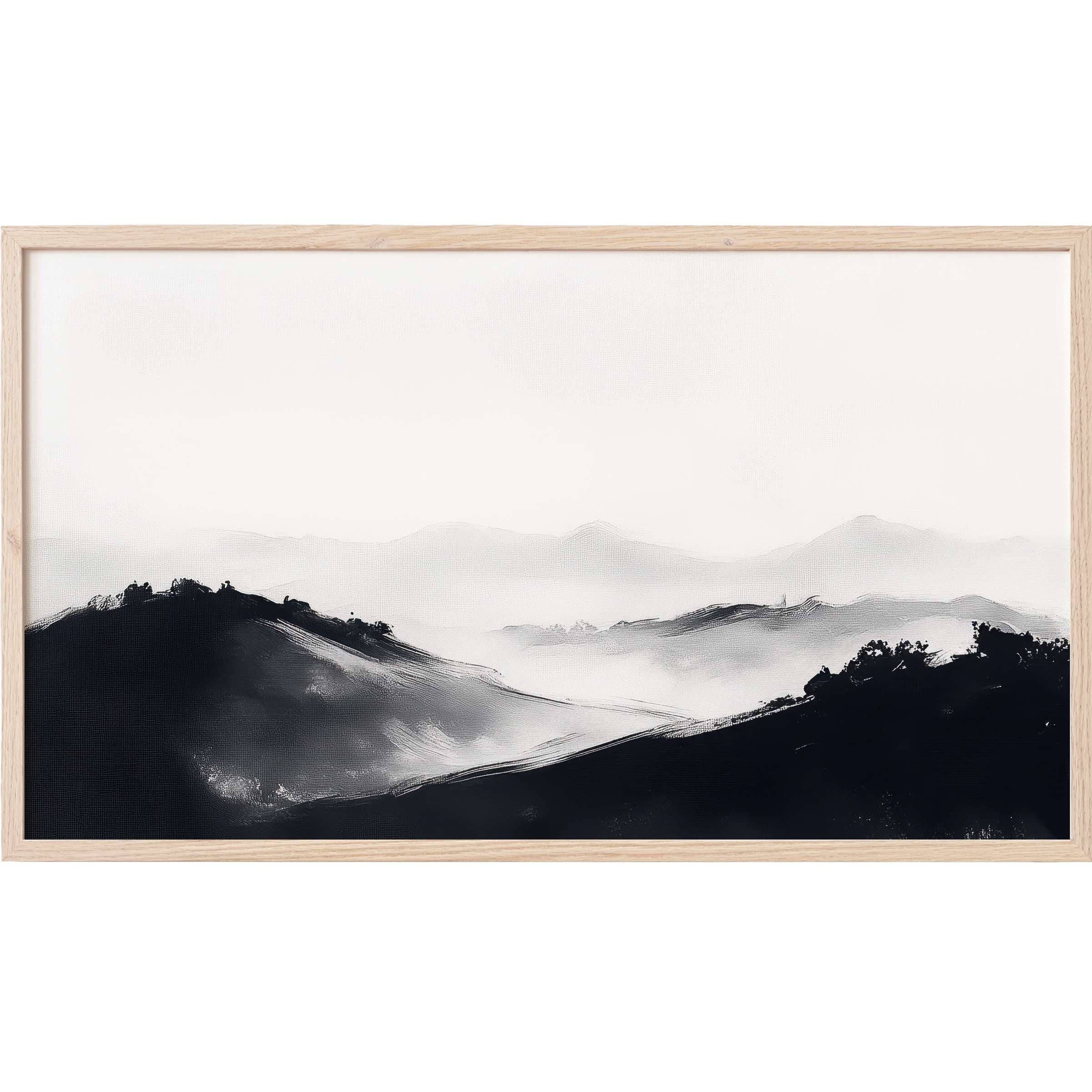 Elegant black and white Frame TV Art depicting misty mountain silhouettes with a modern, minimalist aesthetic