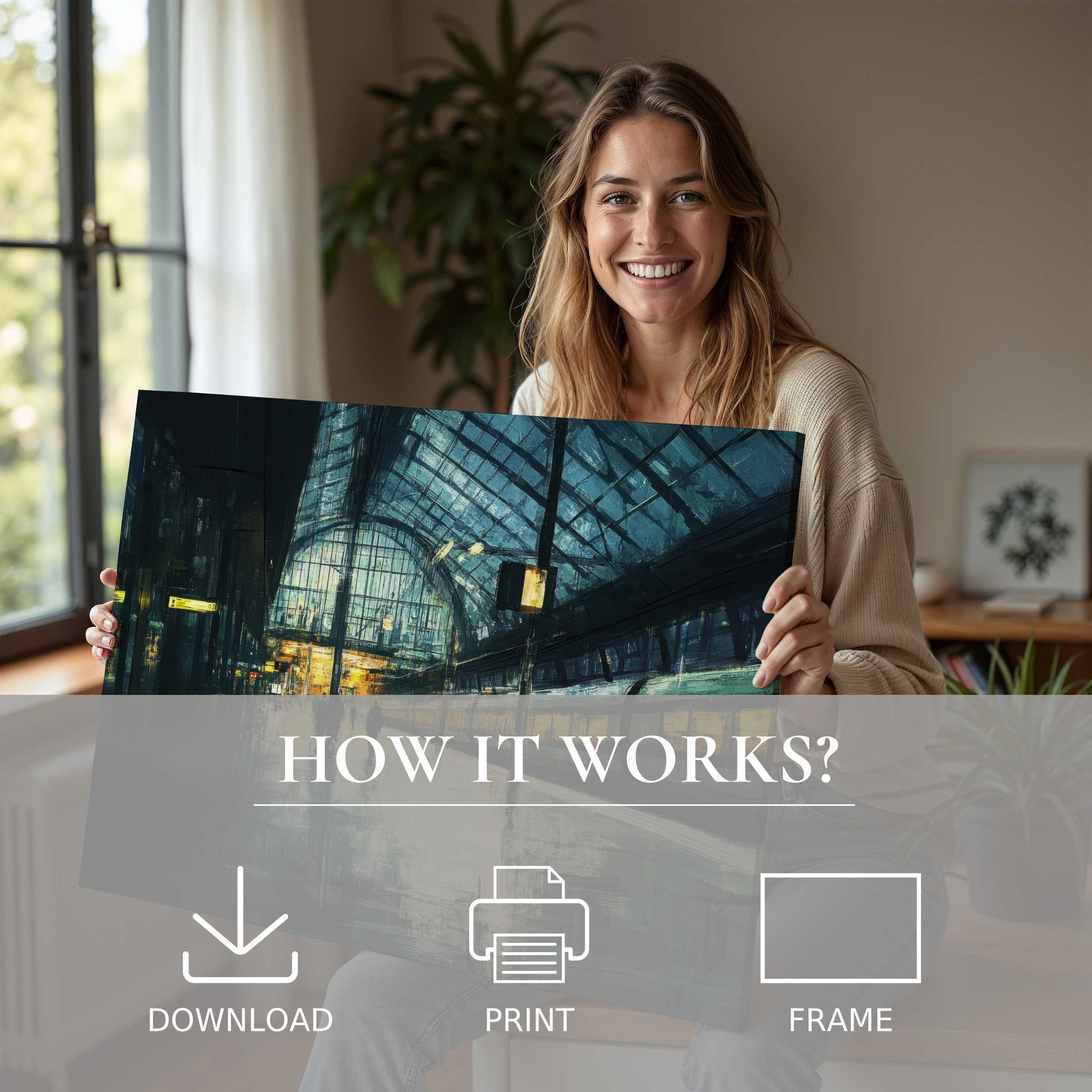 Radiant urban digital art print embraced in a sunlit modern home, evoking warmth and effortless elegance