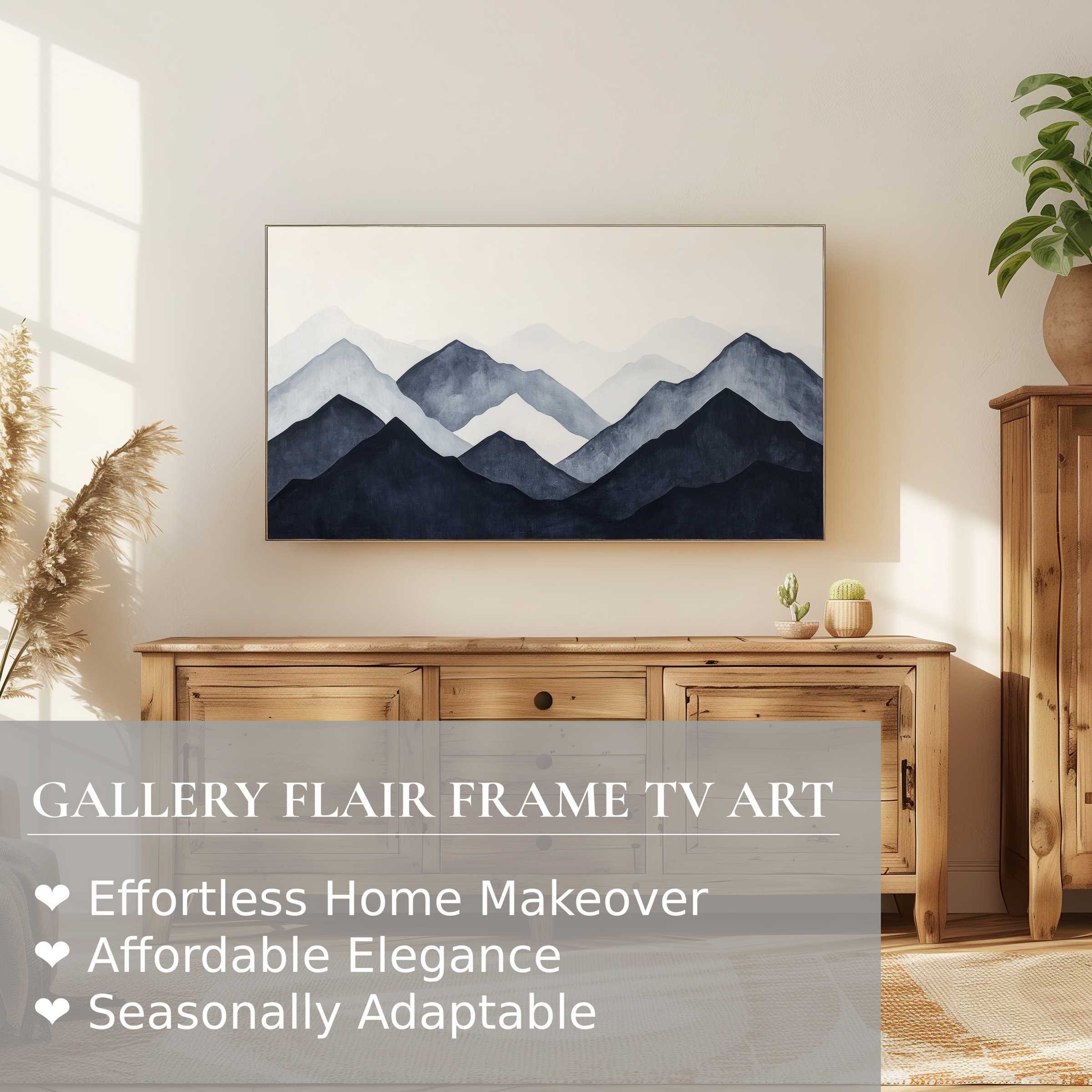 Elegant minimalist mountain scene on Samsung Frame TV, showcasing modern digital artwork in a warm, stylish interior setting