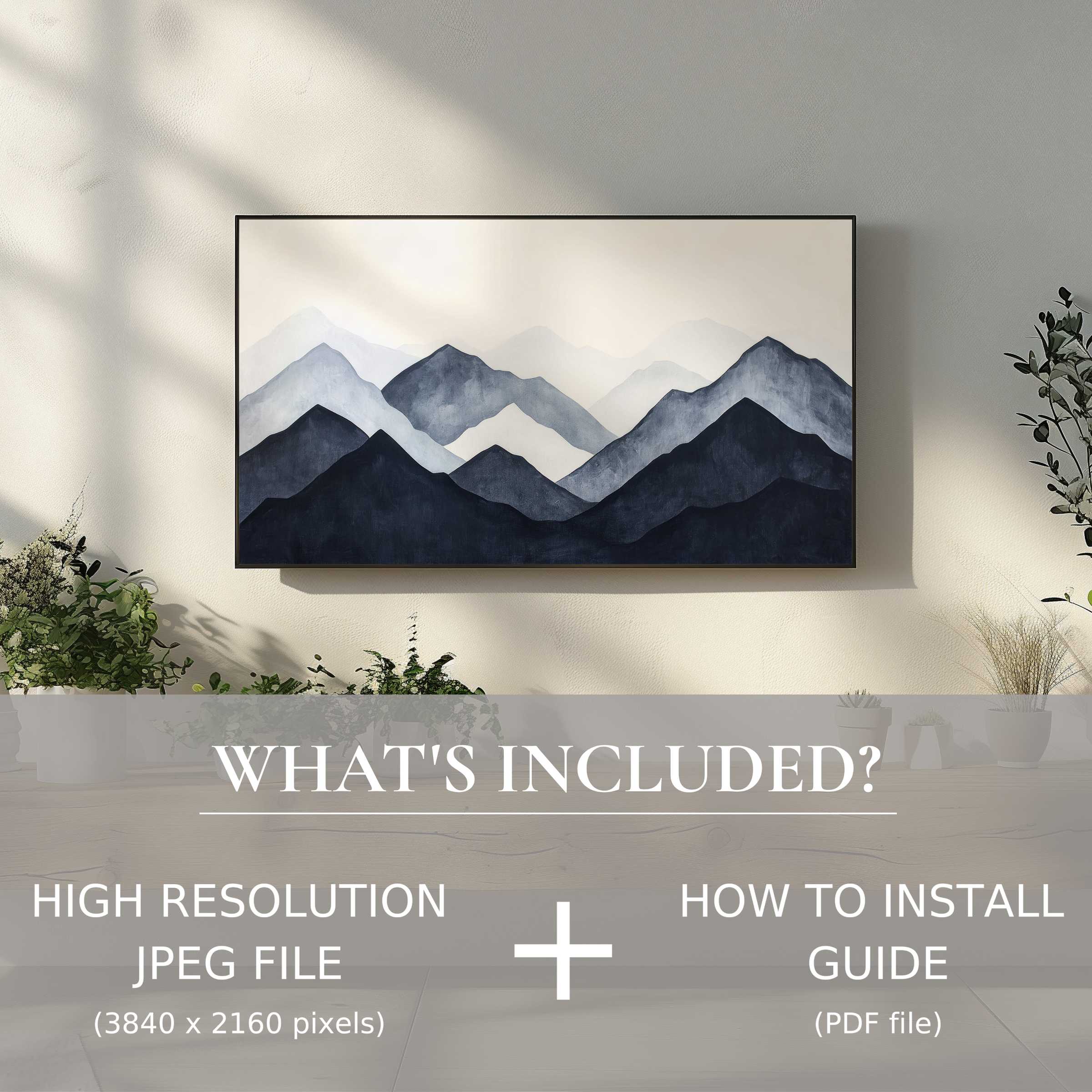Elegant modern digital TV art download of layered mountains enhancing living spaces with easy digital use and installation guide